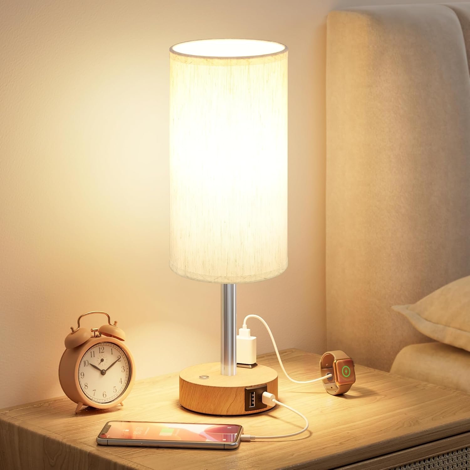 Touch Bedside Table Lamp with Memory – Stepless Dimmable Lamp for Bedroom, Small Nightstand Lamp with Dual USB Charging Ports and AC Outlet, Wood Night Light, Desk Lamp for Nursery, Living Room, Dorm