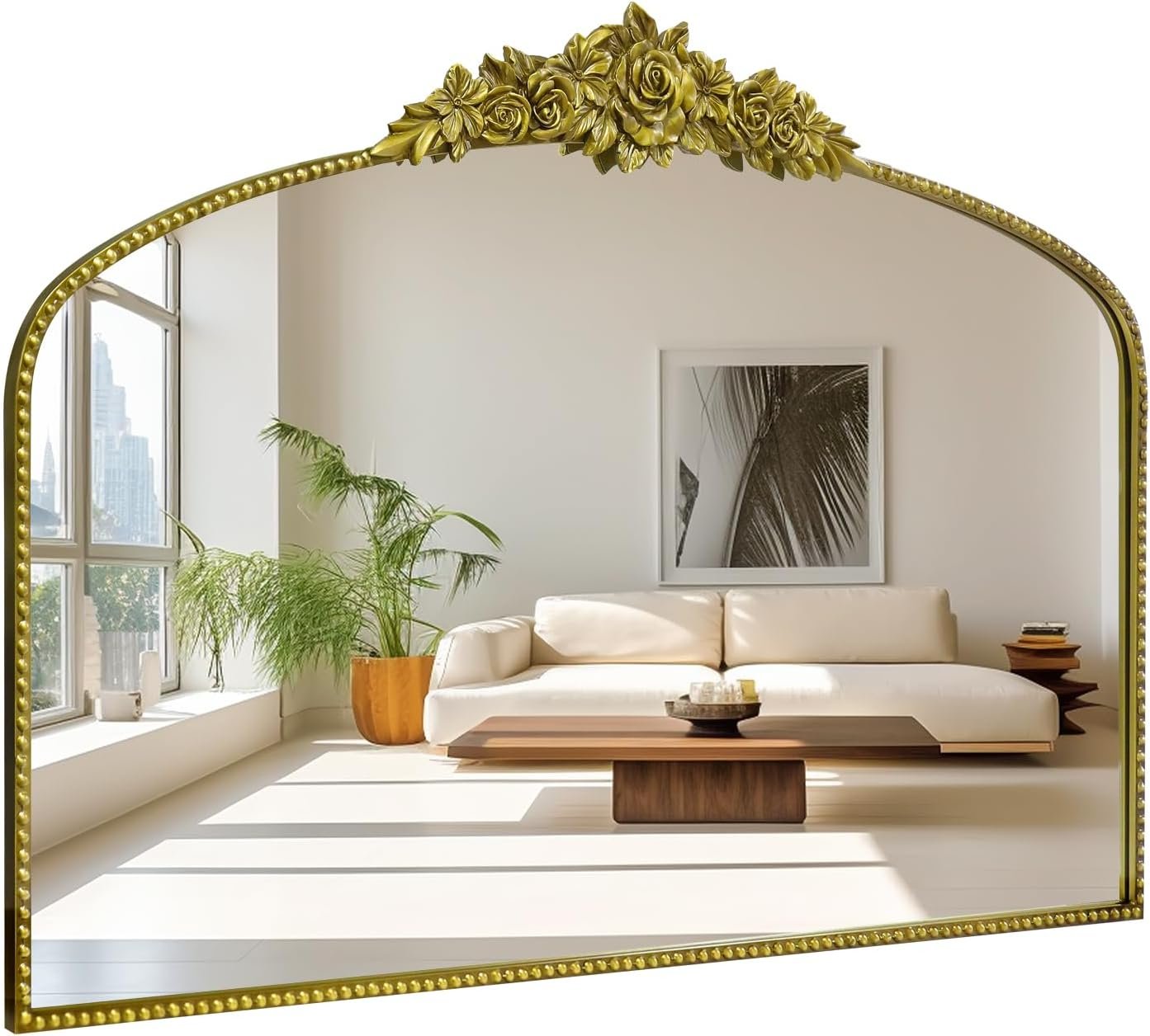 Antique Gold Arched Wall Mirror, 48″x30″ Baroque Vintage Mirror with Ornate Metal Frame, Large Traditional Home Decor Bathroom/Wall/Vanity/Mantel/Bedroom/Entryway/Hallway