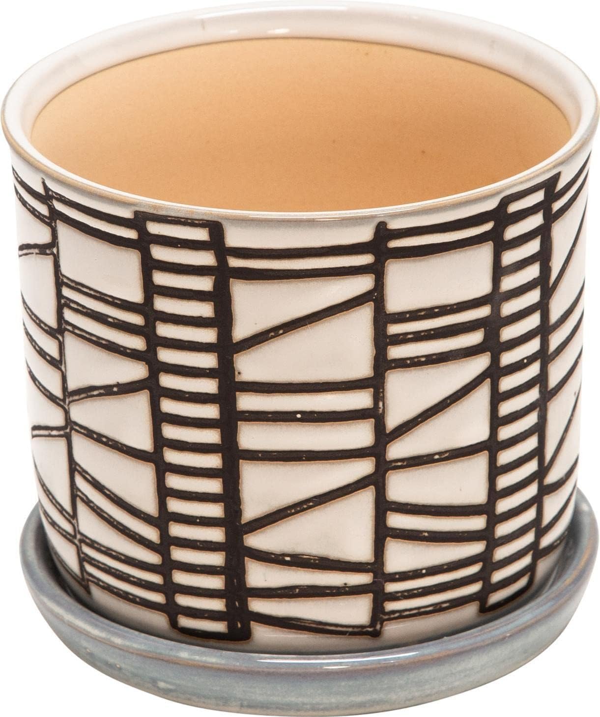 Set of 2 Geometric Decorative Ceramic Planter Pots with Saucer – Stoneware Outdoor & Indoor Plant Pots with Drainage – Modern Garden & Home Decor Ceramic Planters – 6″ & 8″, Ivory
