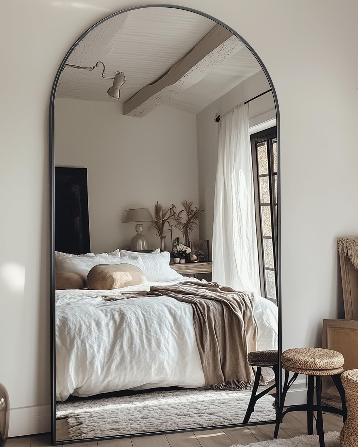 Full Length Mirror, 81″x41″ Oversized Floor Mirror Freestanding, Full Body Floor Standing Mirror with Stand, Hanging Mounted for Bedroom Living Room, Black, Arched Style