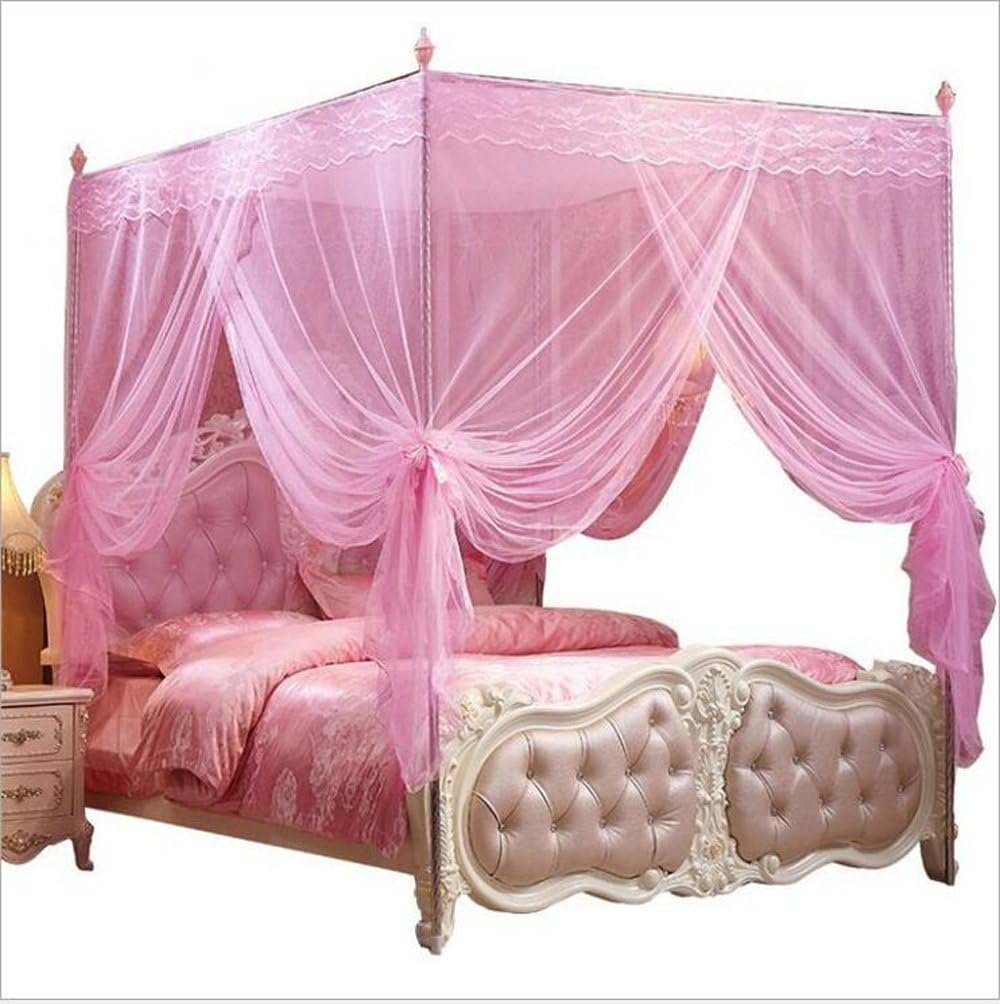 4 Corners Post Pink Canopy Bed Curtain Full Bed for Girls & Adults – 4 Opening Mosquito Net – Princess Bedroom Decoration