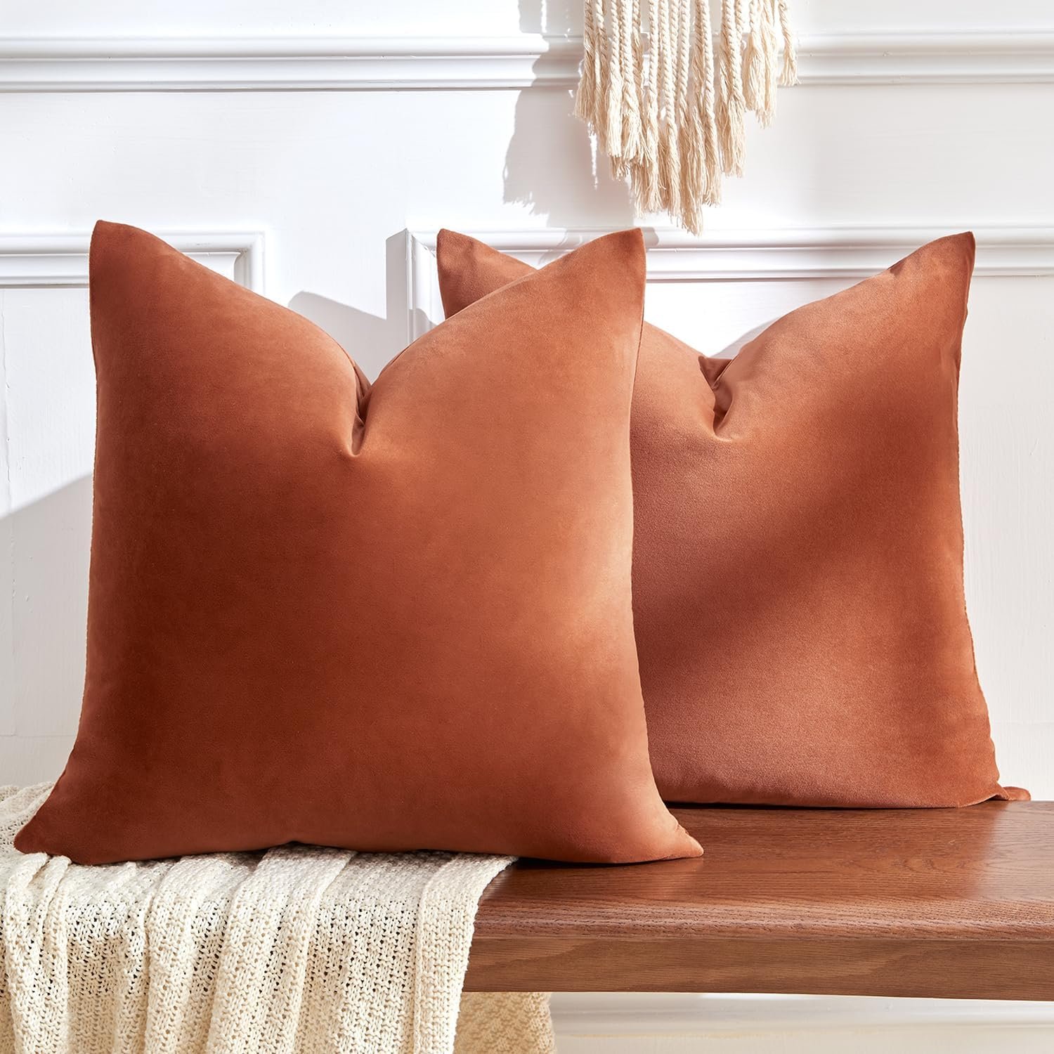 Throw Pillow Covers Rust Set of 2 18×18 Inch Pillow Covers, Soft Velvet Fall Decorative Cases for Couch Sofa Bed, Home Boho Decor, Modern Farmhouse Cushion Covers