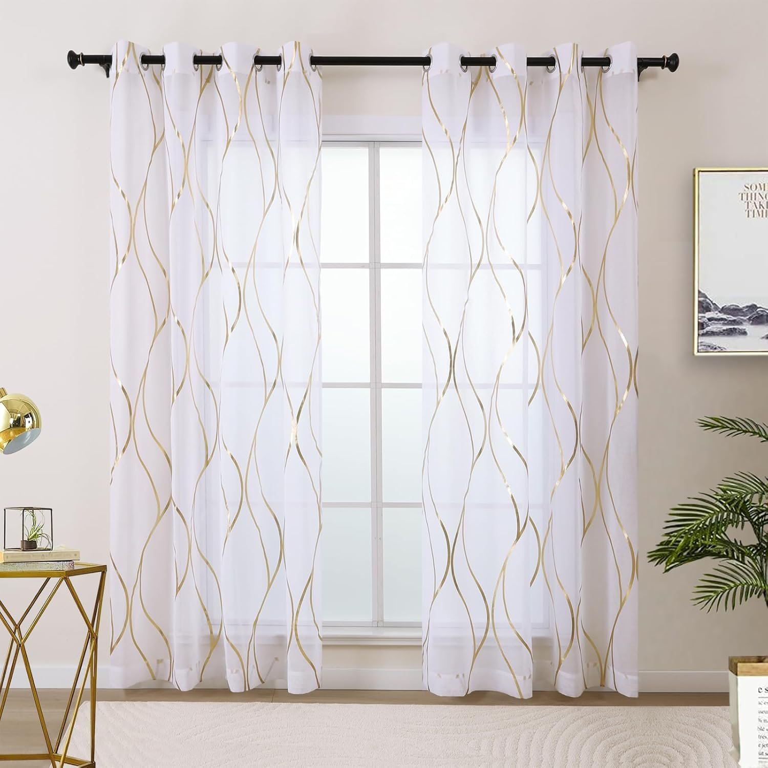 L.Z.E White and Gold Sheer Curtains 84 Inches Long 2 Panels Set, Gold Foil Printed Sheer Curtains for Living Room Dining Room, Light Filtering Grommet Window Drapes with Wave Patterns