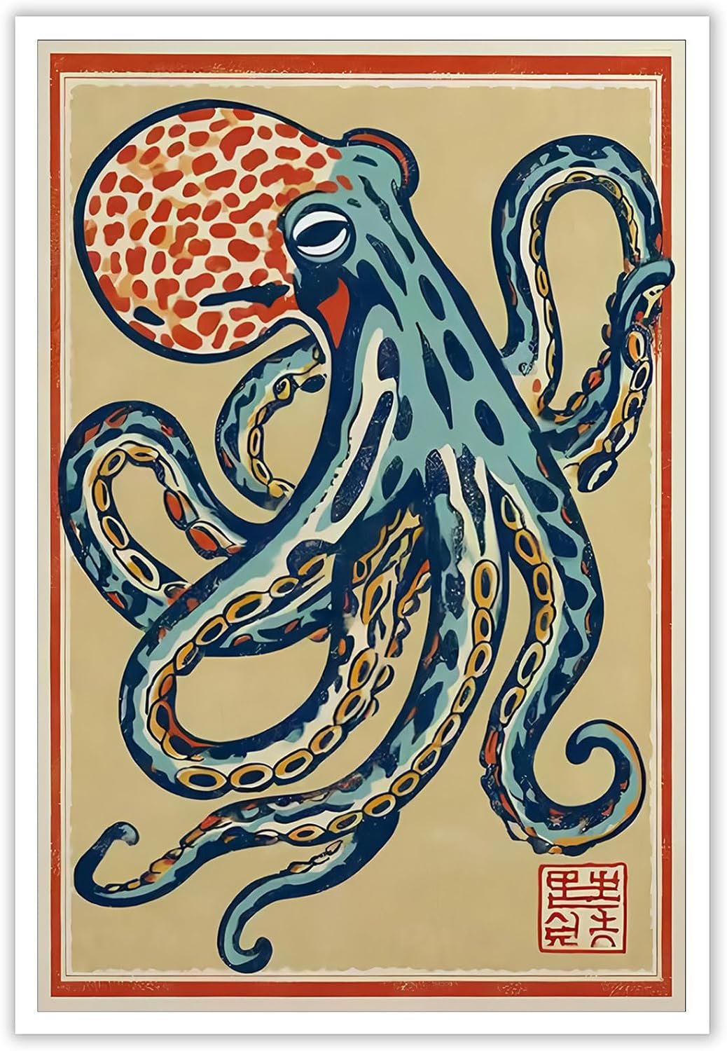 Vintage Japanese Octopus Poster Octopus And Ocean Canvas Wall Art Retro Minimalist Sea Life Picture Aesthetic Prints Painting For Living Room Bedroom Apartment Wall Decor 12x16in Unframed