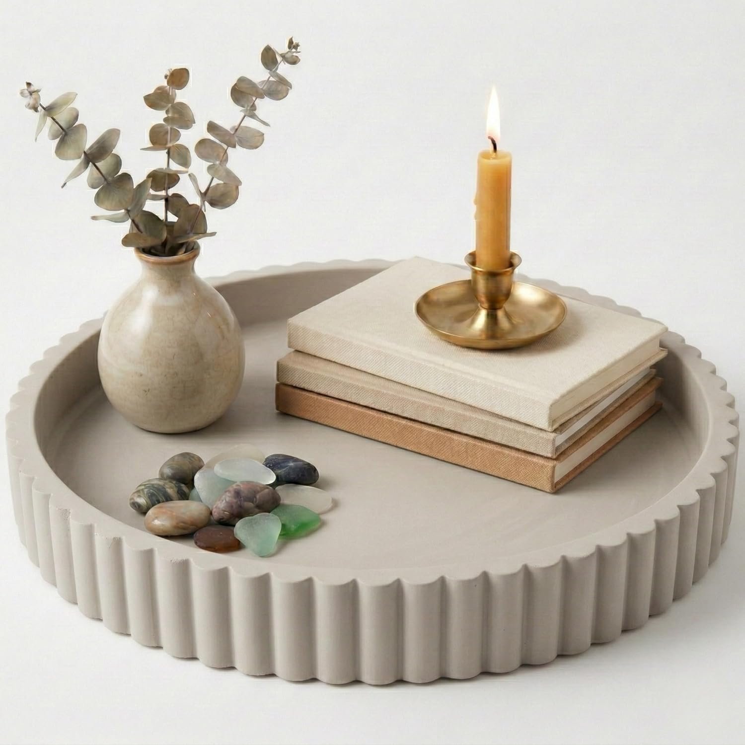 OAKOA Round Decorative Tray for Coffee Table Decor – Concrete Round Tray Home Decor – Bandejas Decorativas – Circle Coffee Table Centerpiece