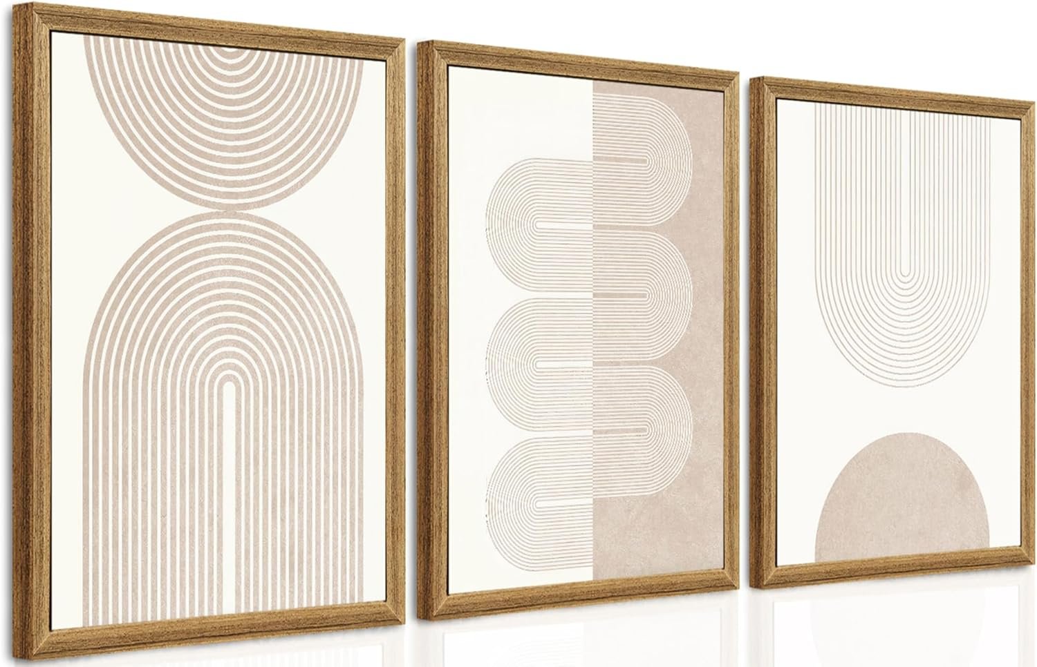 PicturePerfect Decor Wall Art 3 Piece Set, 16x24Inch Geometric Line Prints, Neutral Abstract Canvas Triptych for Living Room Bedroom Office Hallway, Mid-Century Modern Decor with Wood Frame
