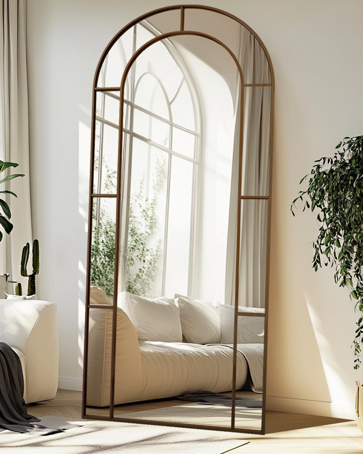 Antok 76″ x 34″ Full Length Mirror, Floor Mirror Arched Window Decorative Mirror, Metal Framed Decor Farmhouse Floor Mirrors Art Pane Mirrors Wall Decor for Bedroom, Living Room, Entryway Bronze