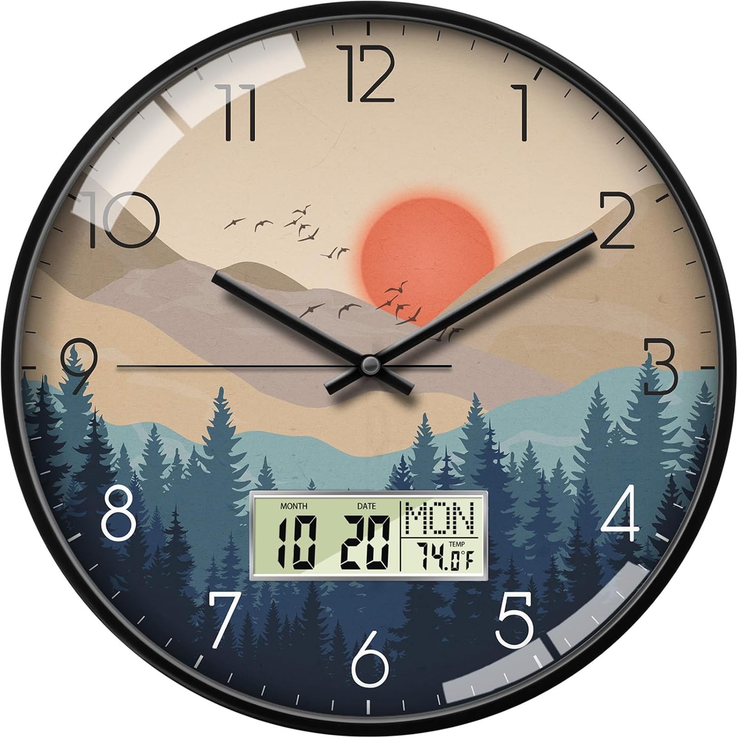 Wilderness Sunset Wall Clock, 12″ Silent Non-Ticking Battery Operated Analog Clock with LCD Date Day Temp Display, Mid-Century Modern Decor for Living Room Bedroom Kitchen Farmhouse Home Office