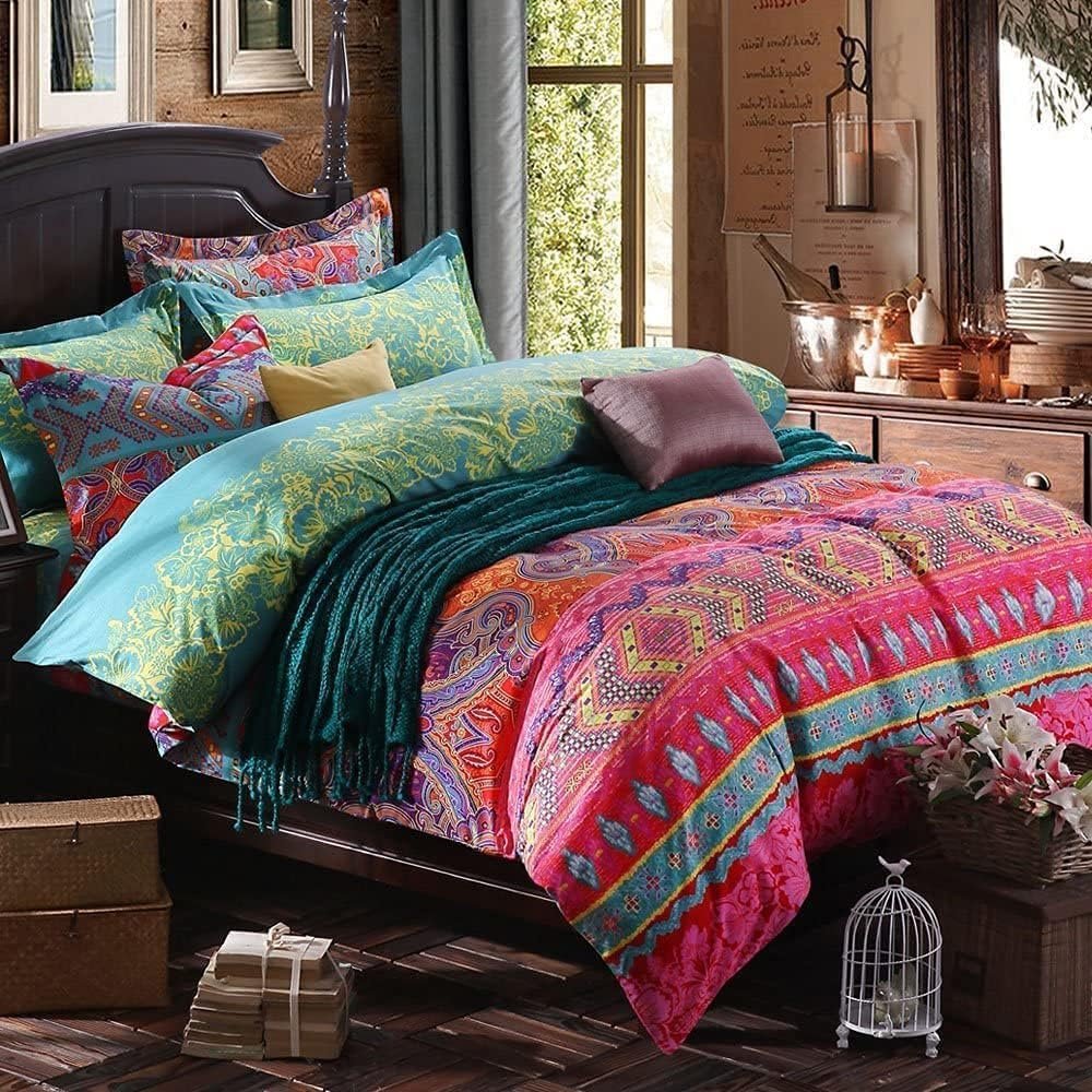 Boho Full Size Comforter Set Soft Chic Boho Comforter Set 3 Pieces Lightweight Exotic Yellow Orange Bohemian Mandala Colorful Retro 1 Boho Comforter and 2 Pillowcases for All Seasons