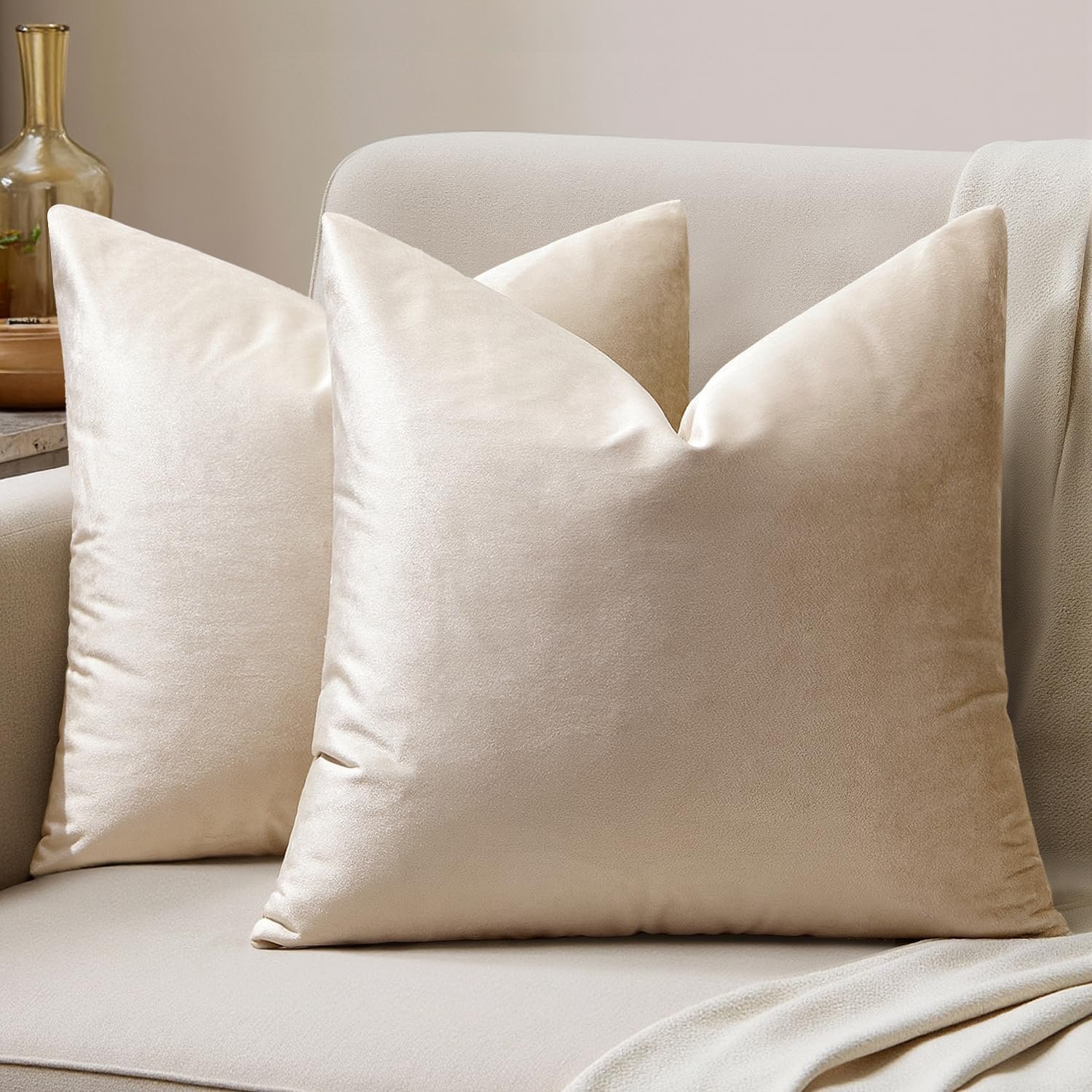 MIULEE Velvet Throw Pillow Covers 18×18 Inch, Pack of 2 – Champagne, Super Soft Decorative Square Cushion Cases Modern Luxury Home Decor for Sofa, Couch, Bed, Chair with Invisible Zipper