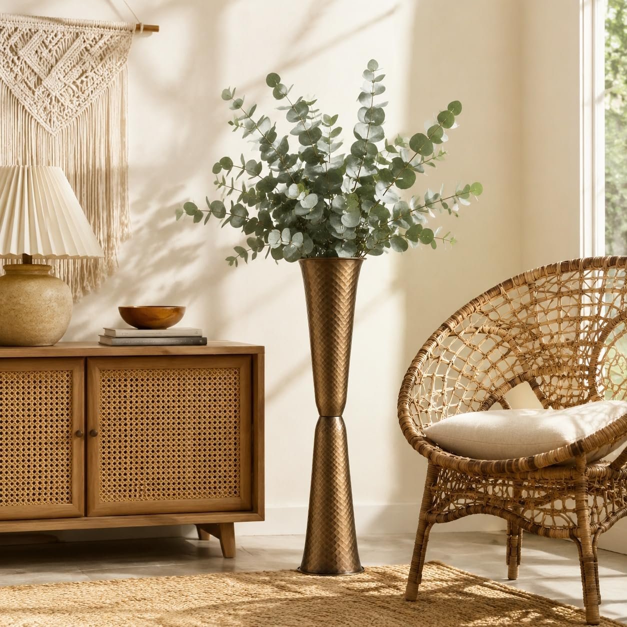 Sziqiqi Gold Tall Floor Vase: 29.5in Bronze Metal Large Vase with Grid Texture – Decorative Floor Vases for Fireplace Living Room Modern Big Standing Holder for Dining Bedroom Home Decor Corner