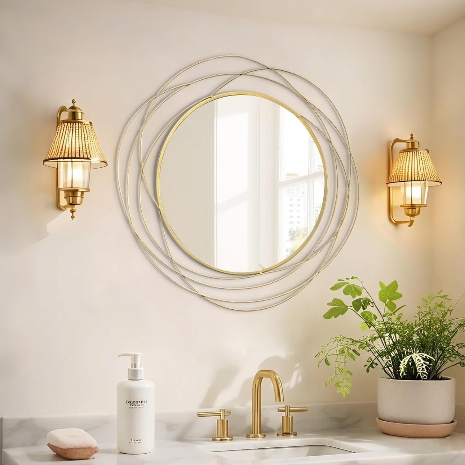 HQiJun Round Wall Mirror – 26.8″ Large Gold Circle Mirror for Wall with Art Decorative Durable Metal Frame, Modern Hanging Mirror for Bathroom Over Sink, Bedroom, Entryway, Vanity or Living Room