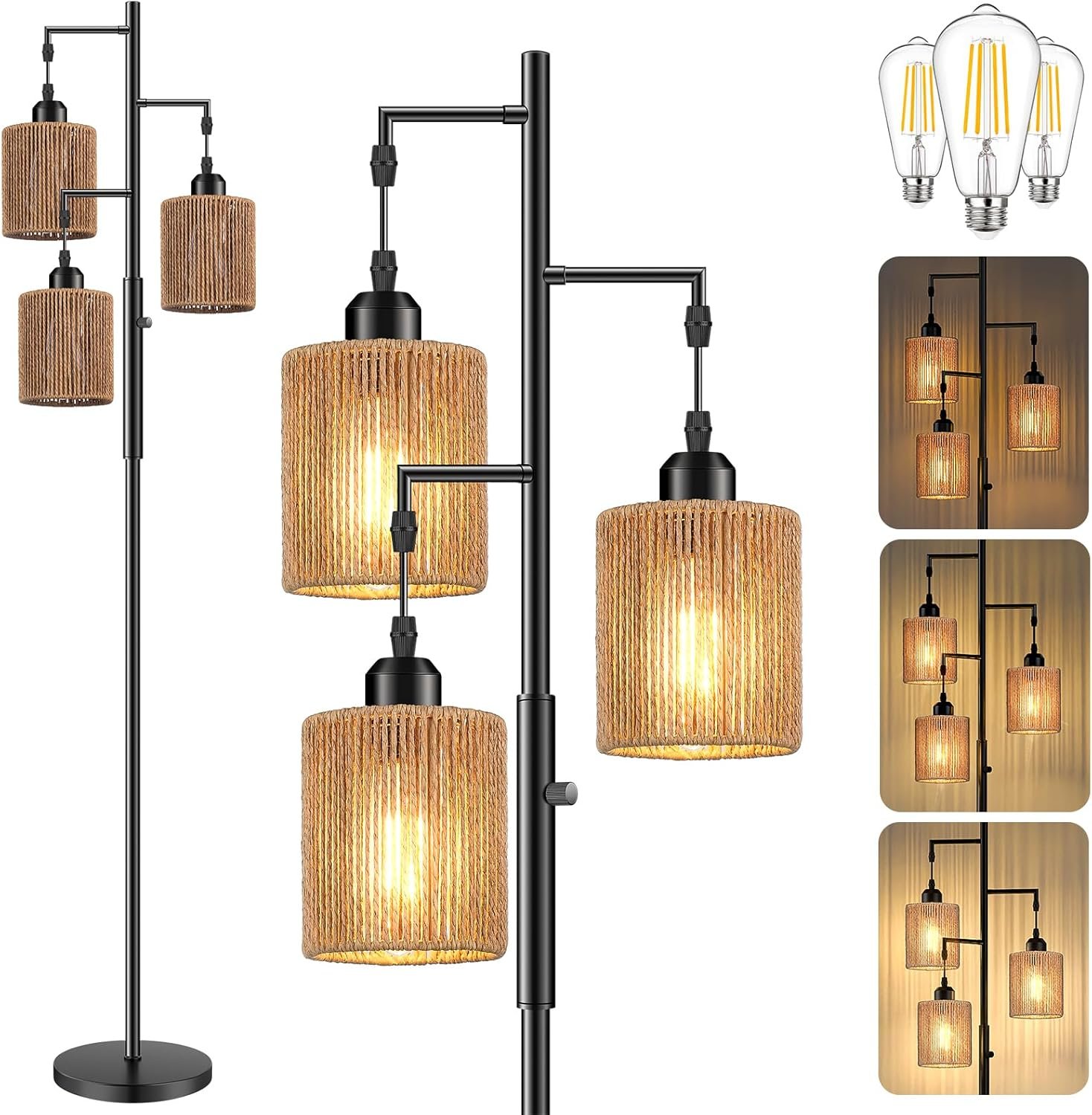 Hotsonic 72″ Tall Boho Rattan Style Floor Lamp with Hand-Woven Paper Cord Shade, Dimmable Industrial Tree Standing Lamp for Living Room, Bedroom, Study Room, Office (3 x 800LM Bulbs Included) – Black