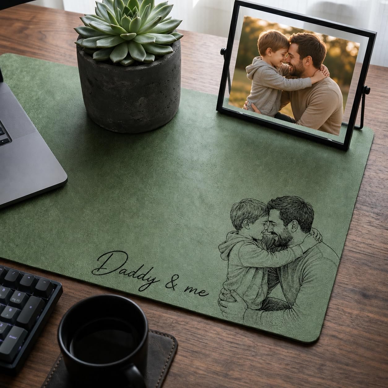 Personalized Desk Mat Custom Photo Mouse Pad for Dad, Daddy & Me Sketch Line Art Desk Pad, Father’s Day Gift from Son Daughter, PU Leather Office Desk Protector