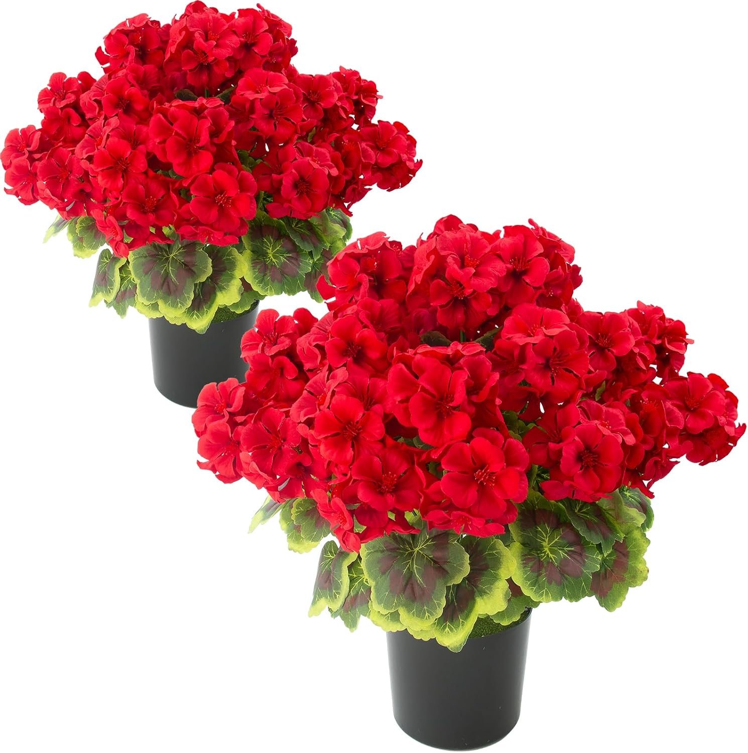 lovemoon 2 Pcs Geranium Potted Artificial Flowers, 19″ Fake Geraniums Plants UV Resistant Silk Potted Plants for Outdoor Home Décor Office Porch Garden Decor (2, Red)