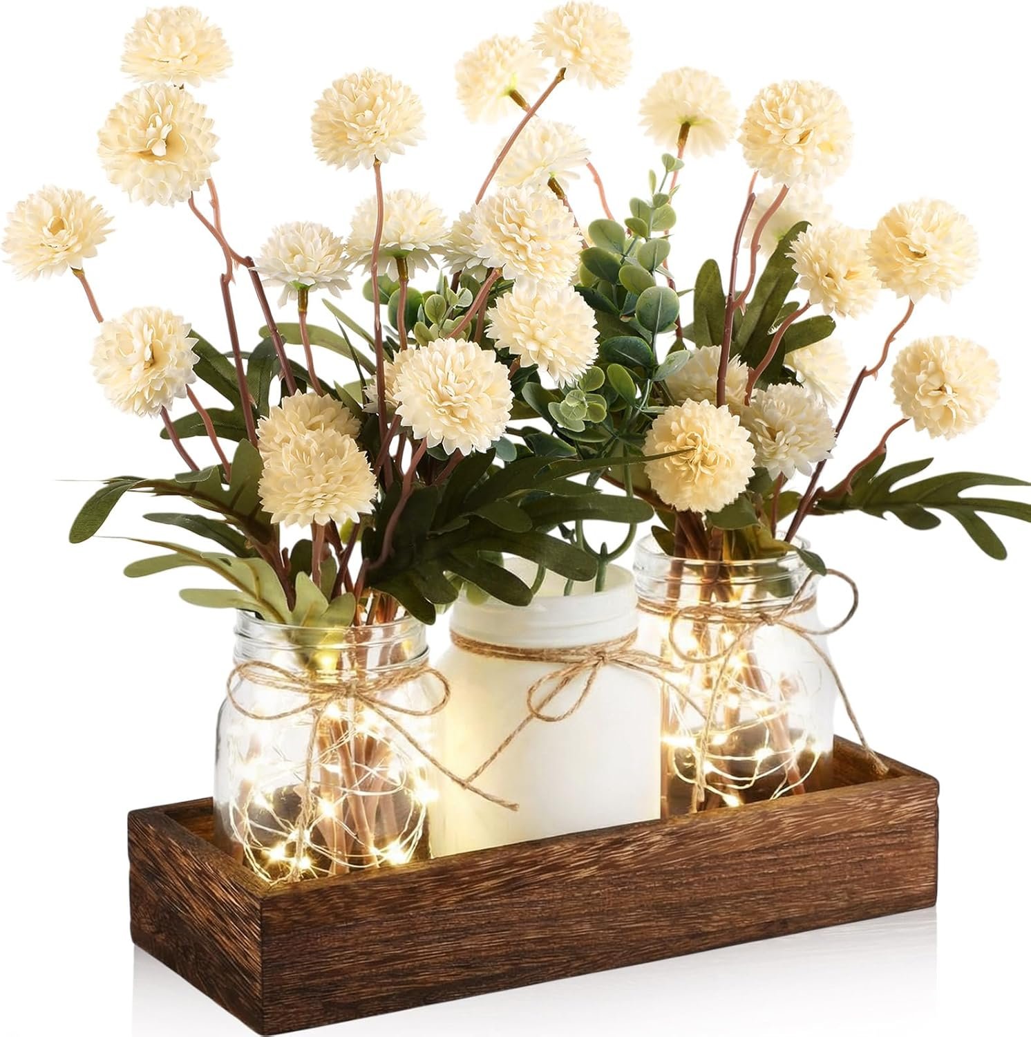 Suncalla 3 Pcs Summer Centerpiece for Tables Kiku Flower Mason Jar Table Decorations with Eucalyptus Wood Tray and LED Light for Dining Kitchen Bathroom Farmhouse Coffee Table Wedding Decor