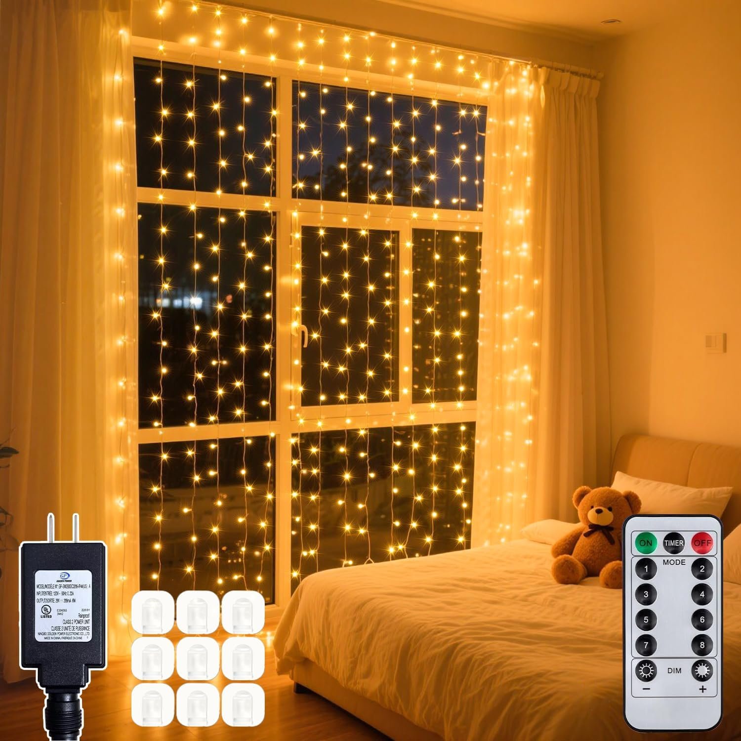 200 LED Warm White Curtain String Lights 9.8×6.6FT, Plug in Fairy Lights with 9 Hooks, Dimmable, Timer & 8 Modes, IP44 Waterproof, Bedroom Wall Wedding Party Christmas Indoor Outdoor Decor