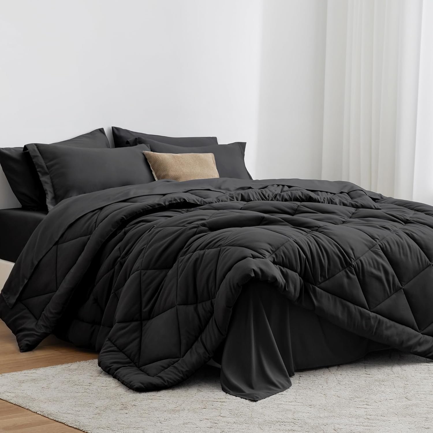 Love’s cabin King Size Comforter Set Black, 7 Pieces King Bed in a Bag, All Season Bedding Sets with 1 Comforter, 1 Flat Sheet, 1 Fitted Sheet, 2 Pillowcase and 2 Pillow Sham | Soft