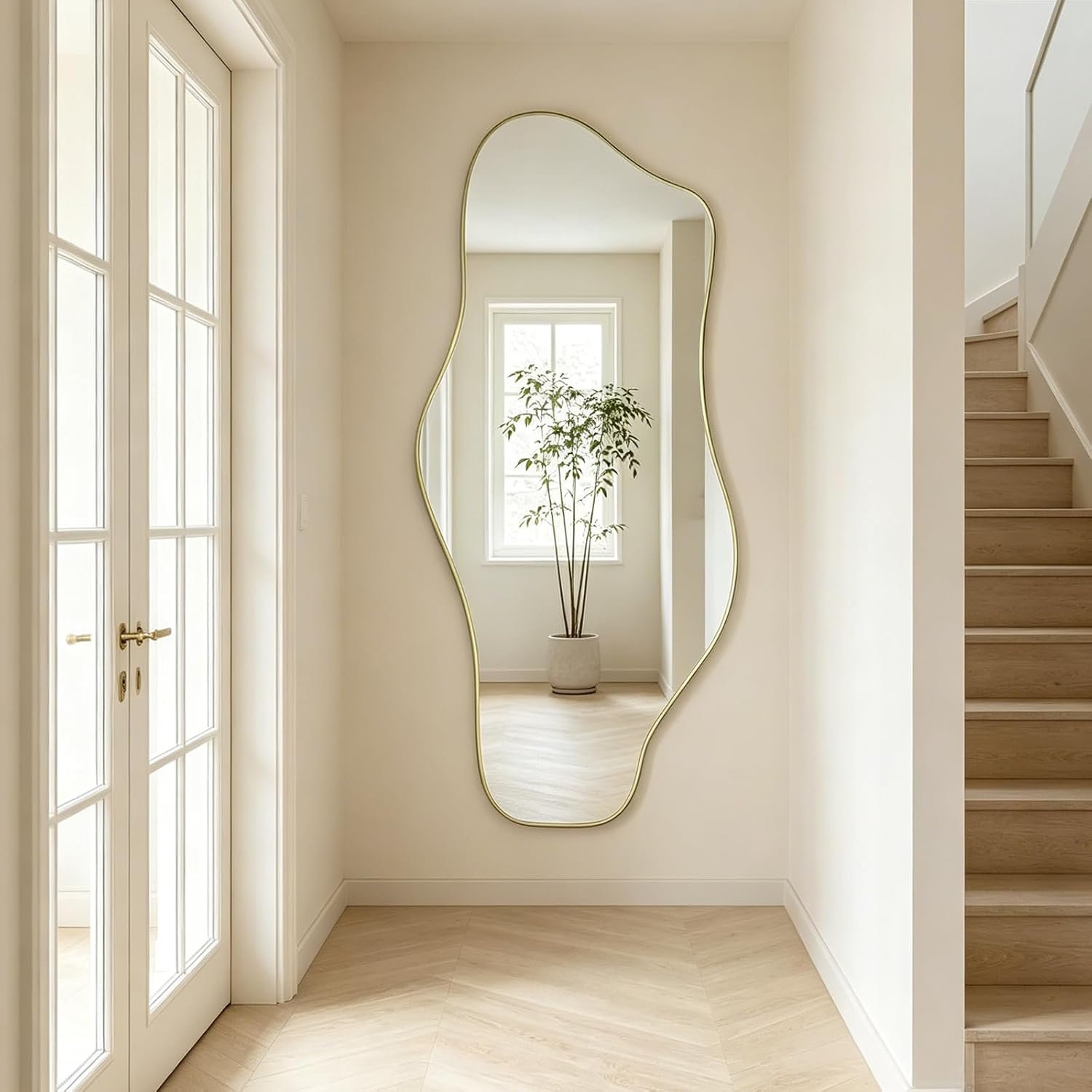 Irregular Full Length Mirror, 67″x31″ Large Asymmetrical Tempered Glass Mirror, Gold Organic Frameless Wall Mirrors for Entryway Hallway Bedroom Living Room, Horizontal or Vertical Hanging