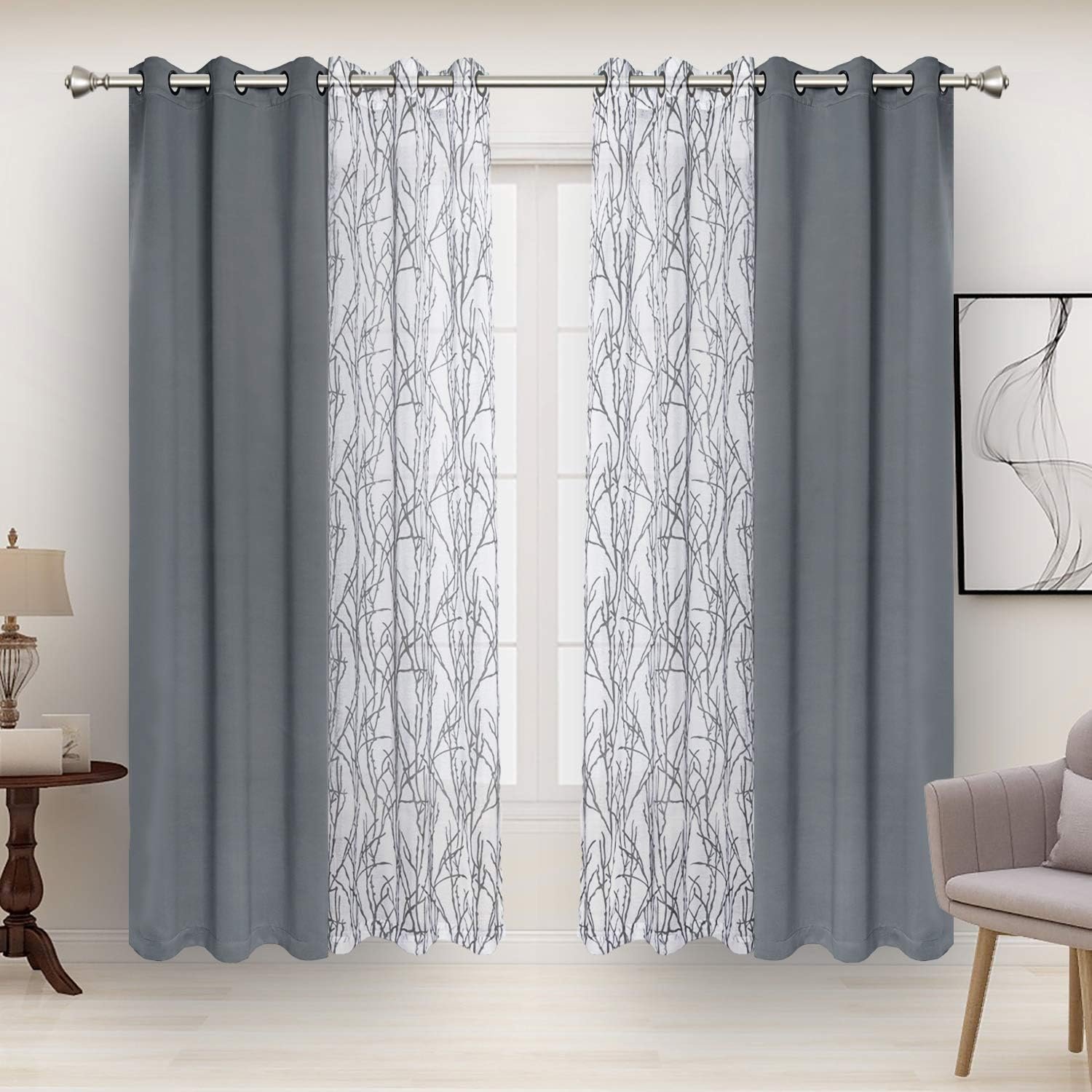 BONZER Mix and Match Curtains – 2 Pieces Branch Print Sheer Curtains and 2 Pieces Blackout Curtains for Bedroom Living Room Grommet Window Drapes, 37×63 Inch/Panel, Light Grey, Set of 4 Panels