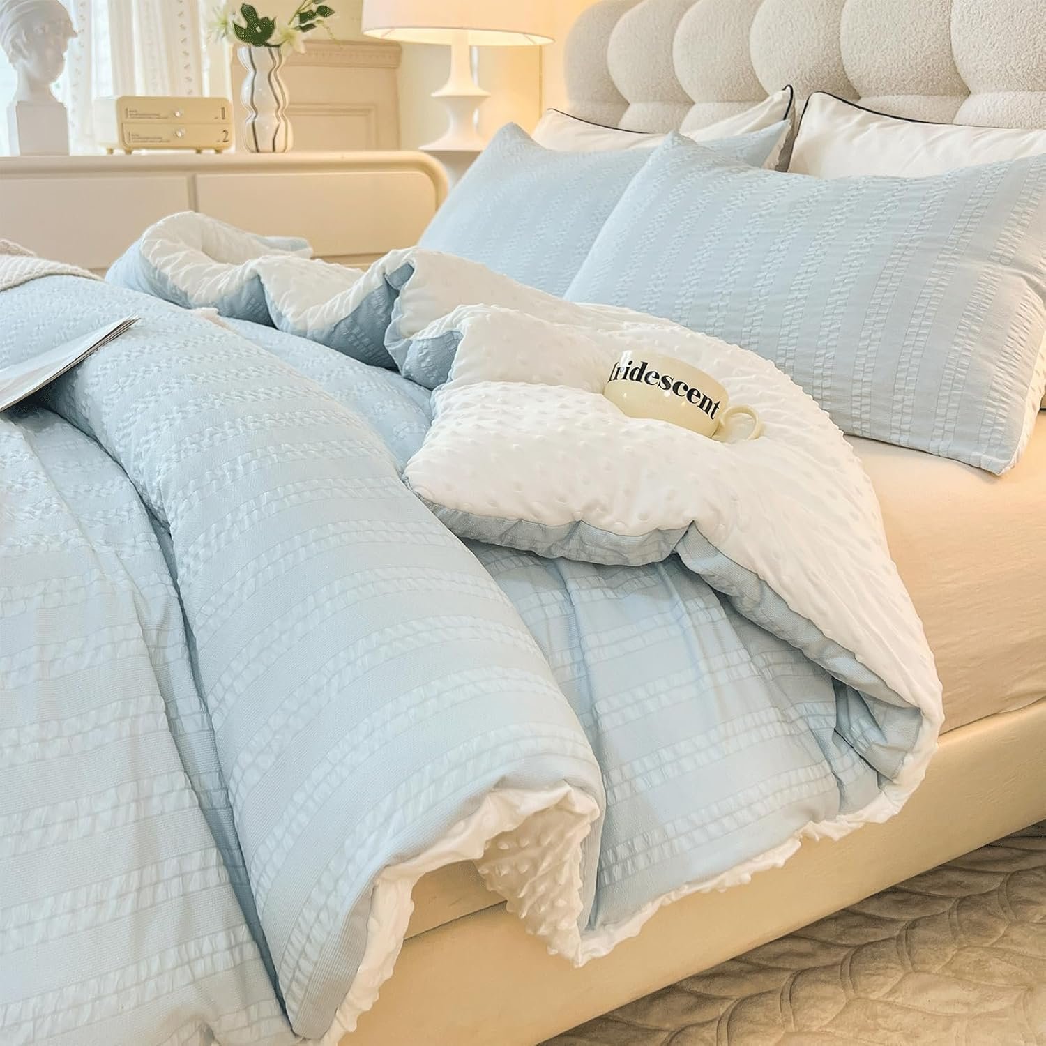 tohrisa Boho Comforter Set Full Size Striped Pleats Bohemian Seersucker Bedding Set All Season Soft Cozy 3 Pieces Quilt with 2 Pillowcases(80″X90″ Light Blue)