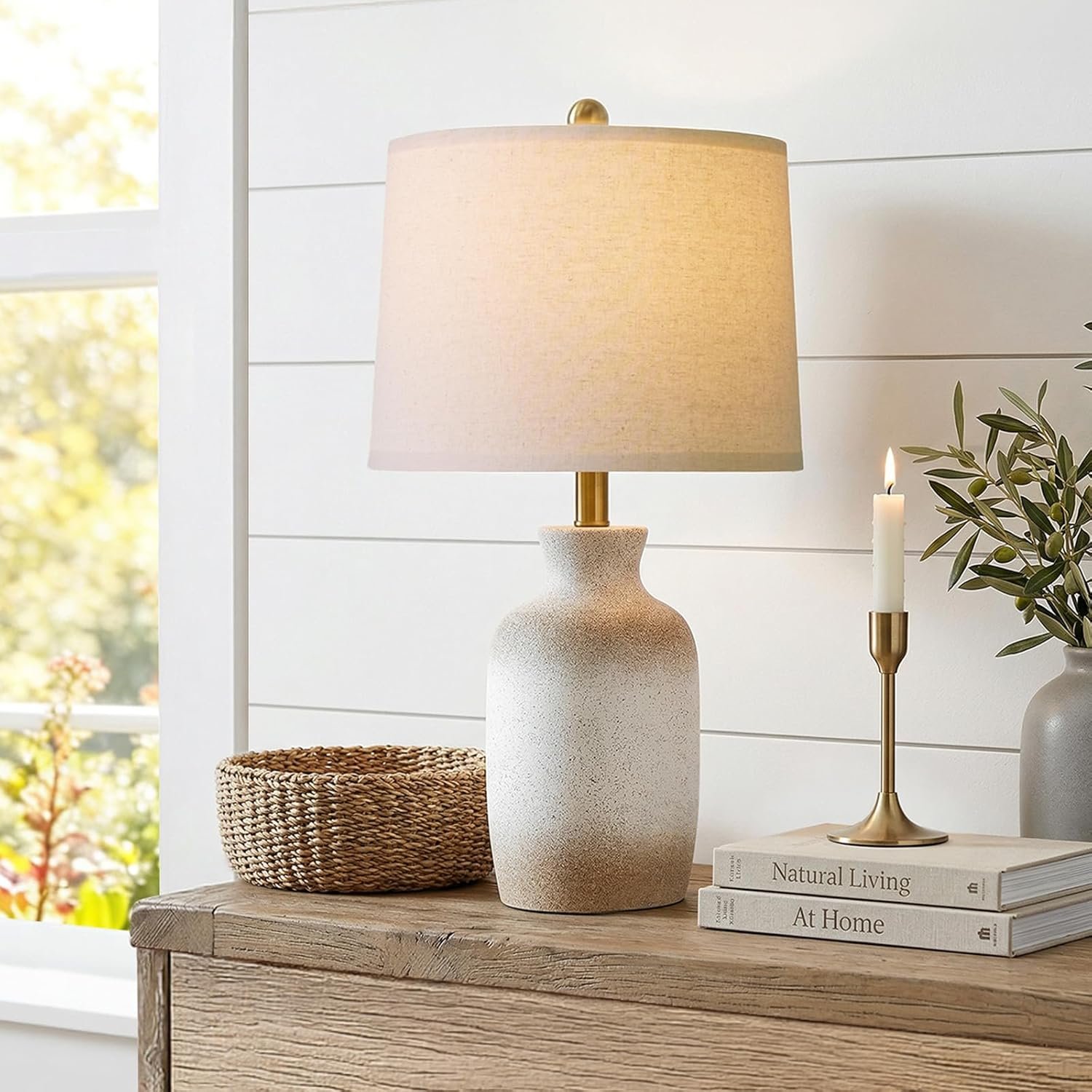 PoKat 24” Farmhouse Ceramic Table Lamp for Living Room with Natural Textured Finish, Rustic Bedside Lamps for Bedroom, Organic Nightstand Lamps Dresser End Side Table Home Gift (White and Antique)