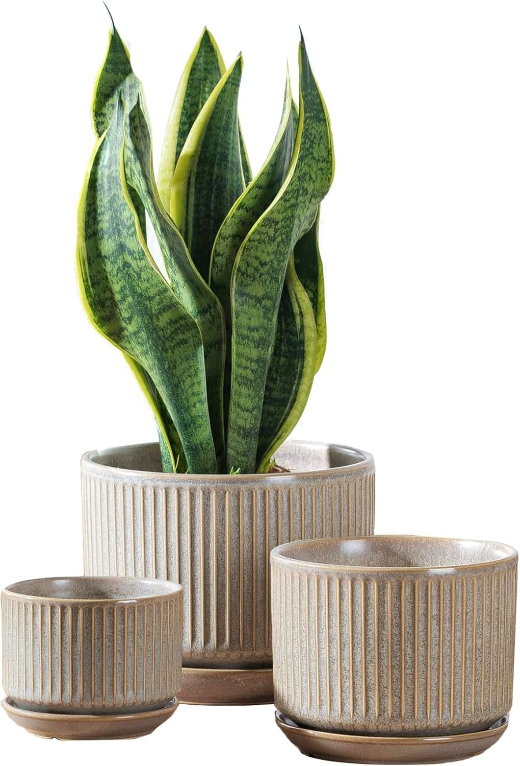 SURE YUESI Ceramic Planter Set of 3, Speckled Grey Ribbed Plant Pots with Drainage Hole and Saucer, Wabi-Sabi Indoor Planters with Mesh Pads for Houseplants, Succulents (4.33″, 5.5″, 6.88″)