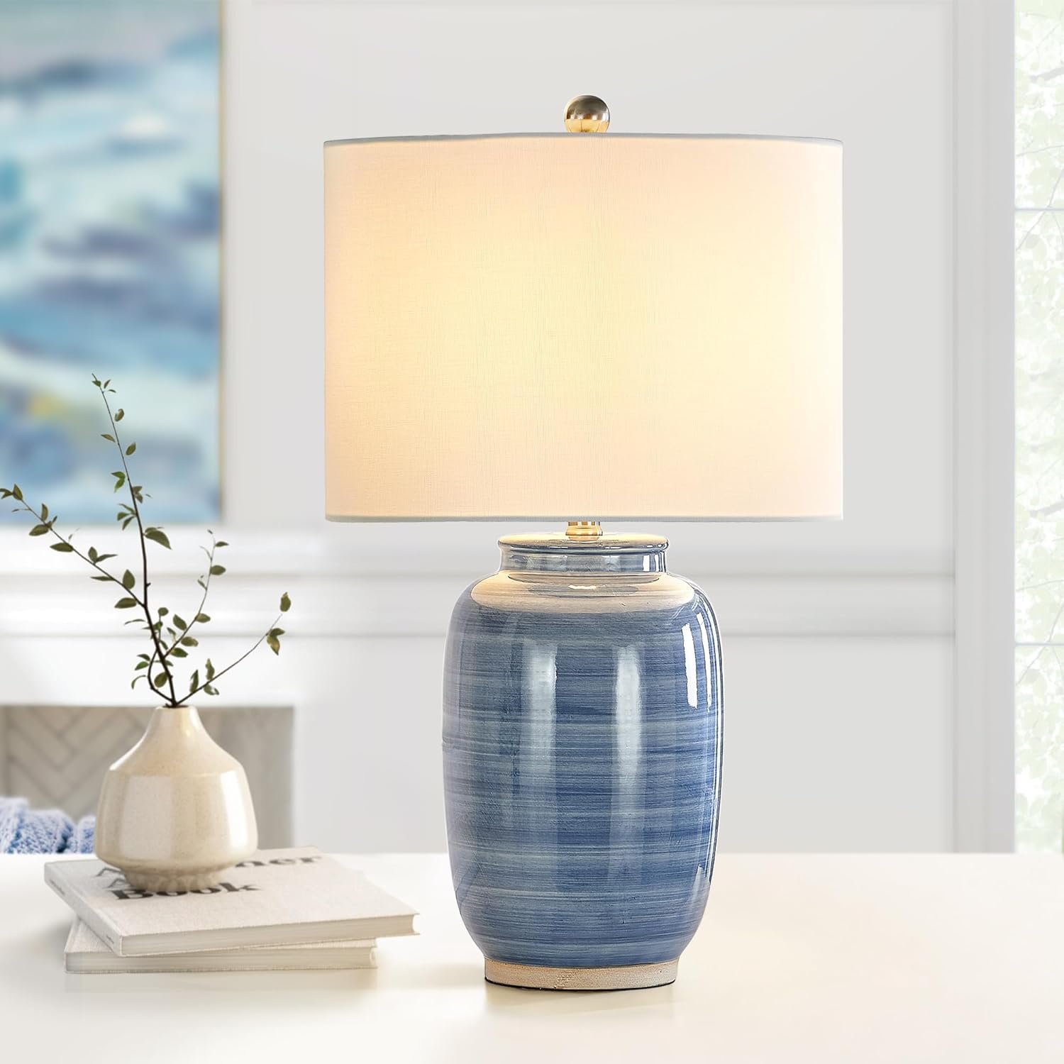 Maxax 25″ Blue Table Lamp for Living Room, Modern Ceramic Lamp with White Shade, Coastal Blue Bedside Nightstand Lamp for Bedroom Home Office