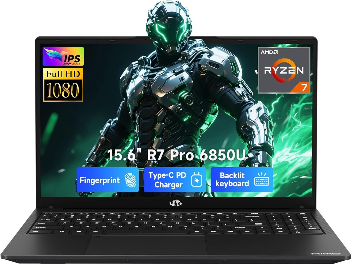 NIMO 15.6″ Light-Gaming-Laptop, 8 Cores AMD Ryzen 7 Pro 6850U 32GB RAM 1TB SSD (Beat i7-1360P Up to 4.7GHz) Radeon 680M 100W Type-C FHD Backlit Keyboard for Content Creators & Business Student