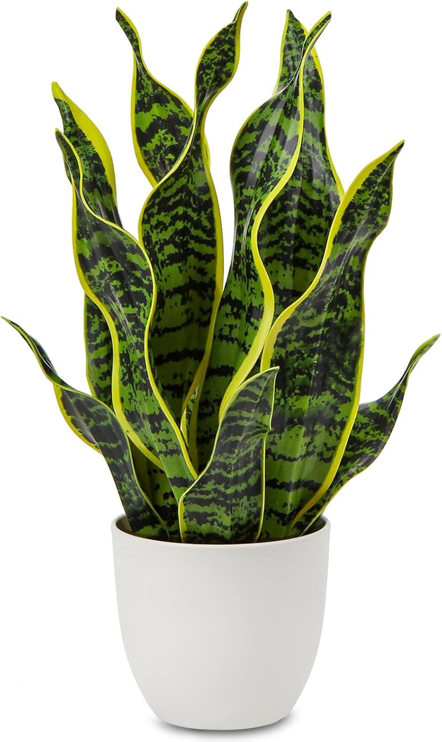 Hollyone Artificial Snake Plant Potted Faux Sansevieria Trifasciata Plants, 16.5″ Tropical Fake Snake Plants in White Pots for Home Office Room Indoor Decor Housewarming Gifts