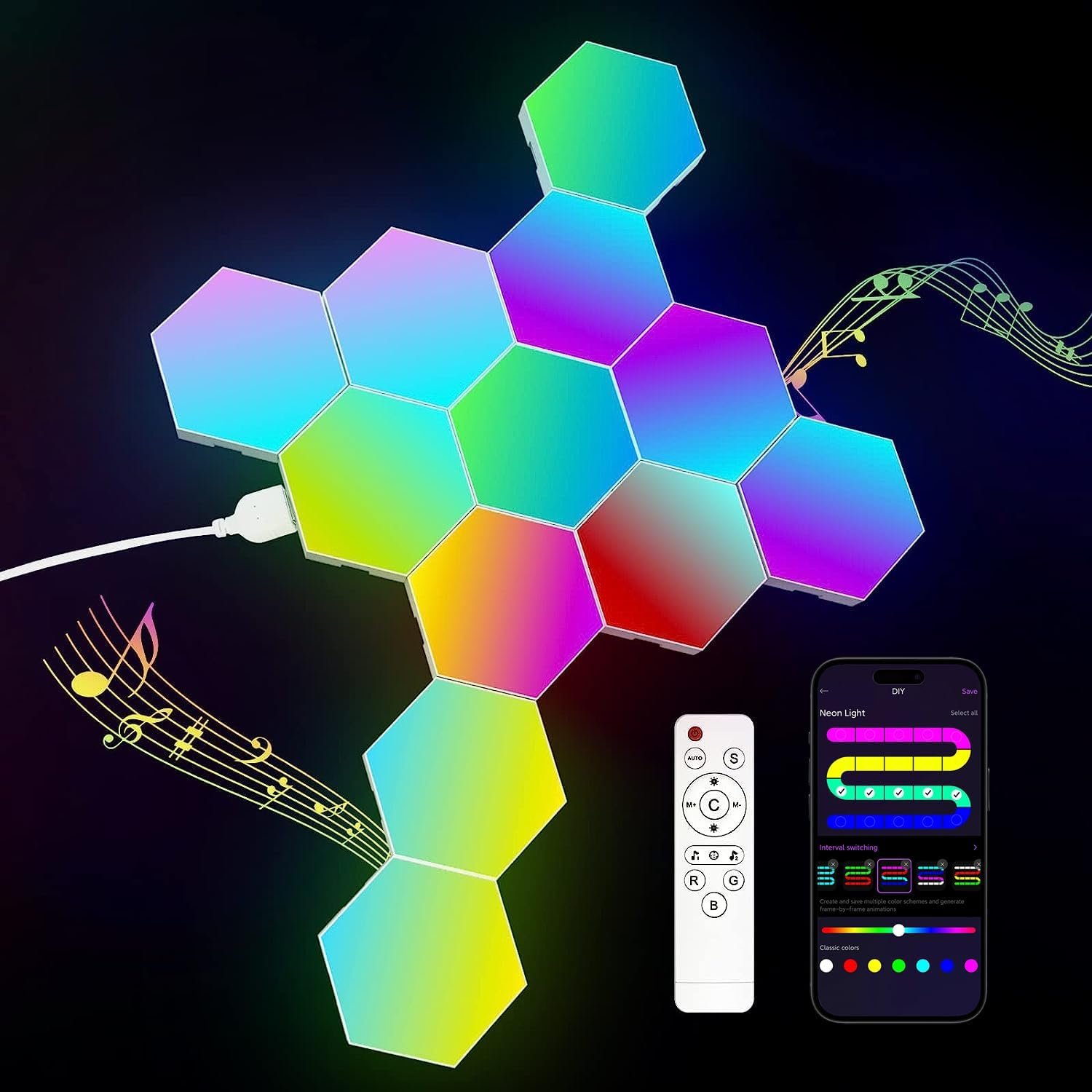 12-Pack Hexagon Light Panels – Smart RGB LED Wall Lights with App & Remote – Music Sync Gaming Lights for Room Decor, Birthday & Party Gifts for Boys, Teens, Men, Boyfriends, and Kids
