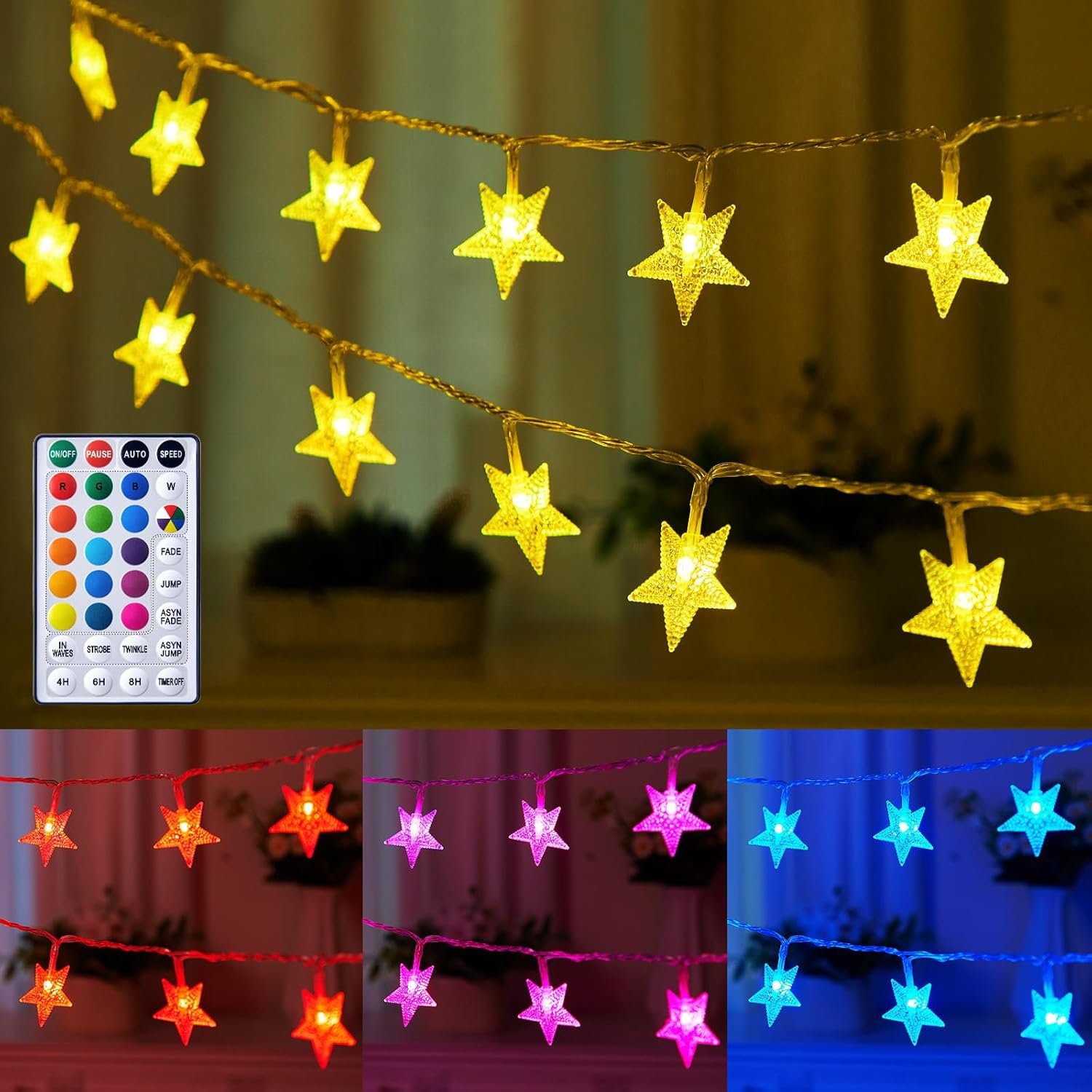 Minetom Color Changing Star String Lights – 23 ft 50 LED Ramadan Decorations Star Fairy Lights with Remote and Timer, 16 Colors and 7 Modes, USB Powered String Lights for Bedroom Party Indoor Decor