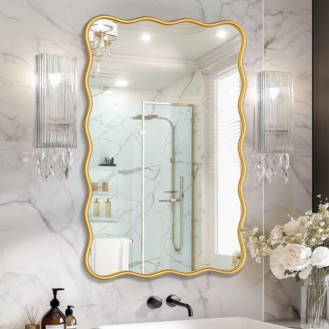PROHOMEWARE 24 * 36″ Gold Bathroom Mirror for Wall,Wavy Rectangular Mirror,Vanity Mirror,Bathroom Mirrors for Wall,Wall-Mounted Metal Frame Mirror for Bedroom Entryway Living Room Farmhouse (Gold)