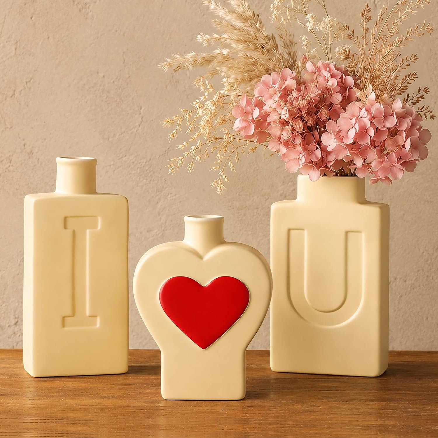 Yellow Heart Ceramic Vase Set of 3, I Love U Matte Ceramic Vases for Home Decor, Romantic Decorative Flower Vases for Shelf, Bedroom, Coffee Table, Wedding