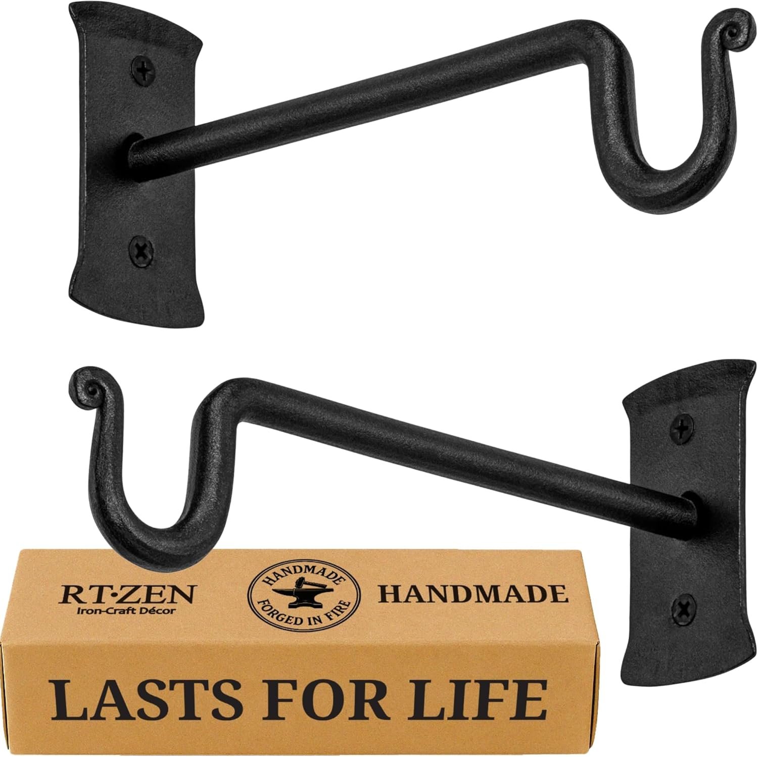 RTZEN Plant Hangers Outdoor or Indoor – Wrought Iron Metal Hanger Indoor Hook – Heavy Duty Wall Bracket Hooks for Hanging Plants Baskets Lanterns Bird Feeders – 2 Pack (Black Shepherds Hooks 7.5″)