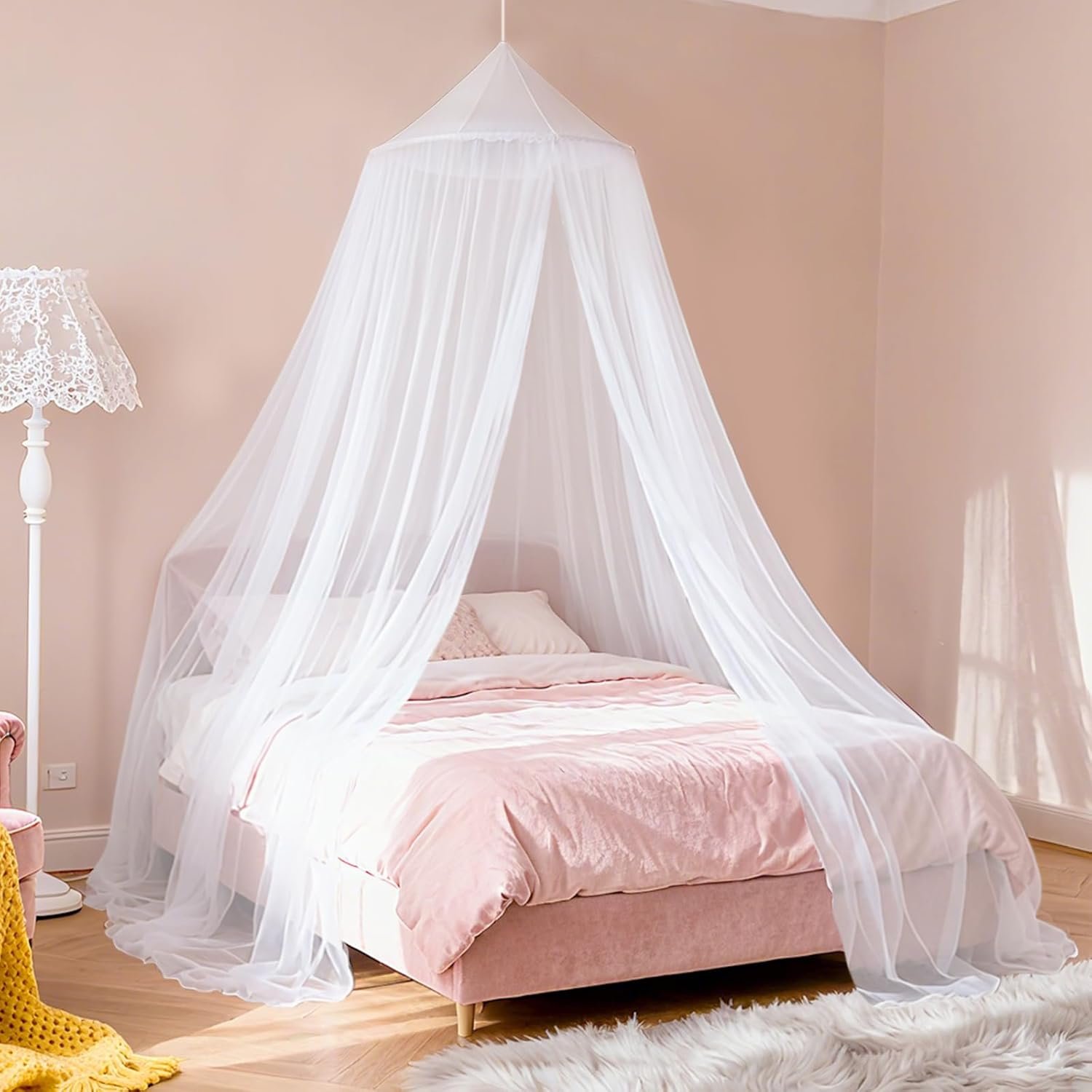 White Bed Canopy for Girls,Kids Princess Round Dome Bed Curtain, Dreamy Mosquito Netting for Girls, Bedroom Accessories, Ceiling Tent