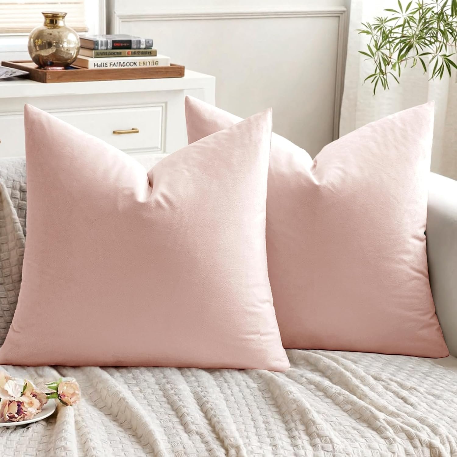 EMEMA Pack of 2 Velvet Throw Pillow Covers Decorative Square Pillowcase Soft Solid Cushion Case for Sofa Bedroom Chair Car 18×18 Inch Pink