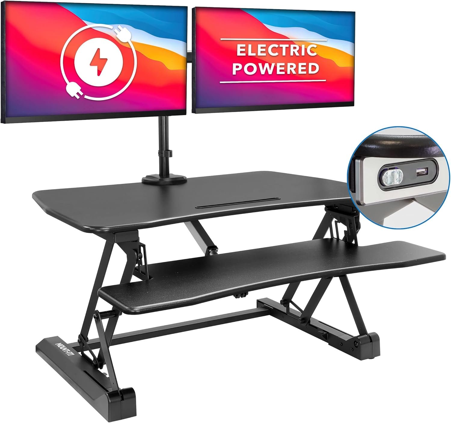 Mount-It! Electric Standing Desk Converter with Dual Monitor Arms for 2 Screens (Max 32″), Large 35.4″ Wide Desktop, Motorized Stand Up Desk Riser, Keyboard Tray, USB, Black Stand up Desk Convertor
