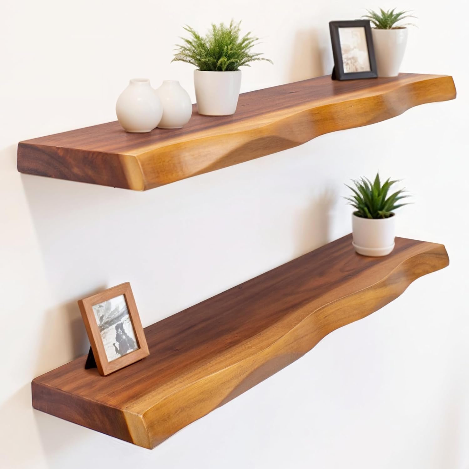 Solid Wood Floating Shelves Set of 2 – Handcrafted with Authentic Live Edge Design for Natural Wall Display – 23.6″ Rustic Wooden Shelving for Bathroom Kitchen Bedroom