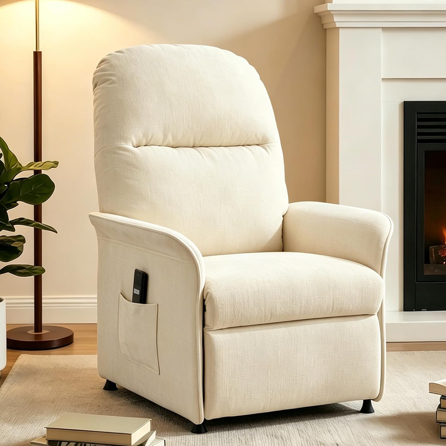 Power Recliner Chair for Adults, Electric Recliner with Curved Arms & Side Storage Pockets, Ergonomic Adjustable Reclining Chair for Living Room Bedroom, Chenille Beige