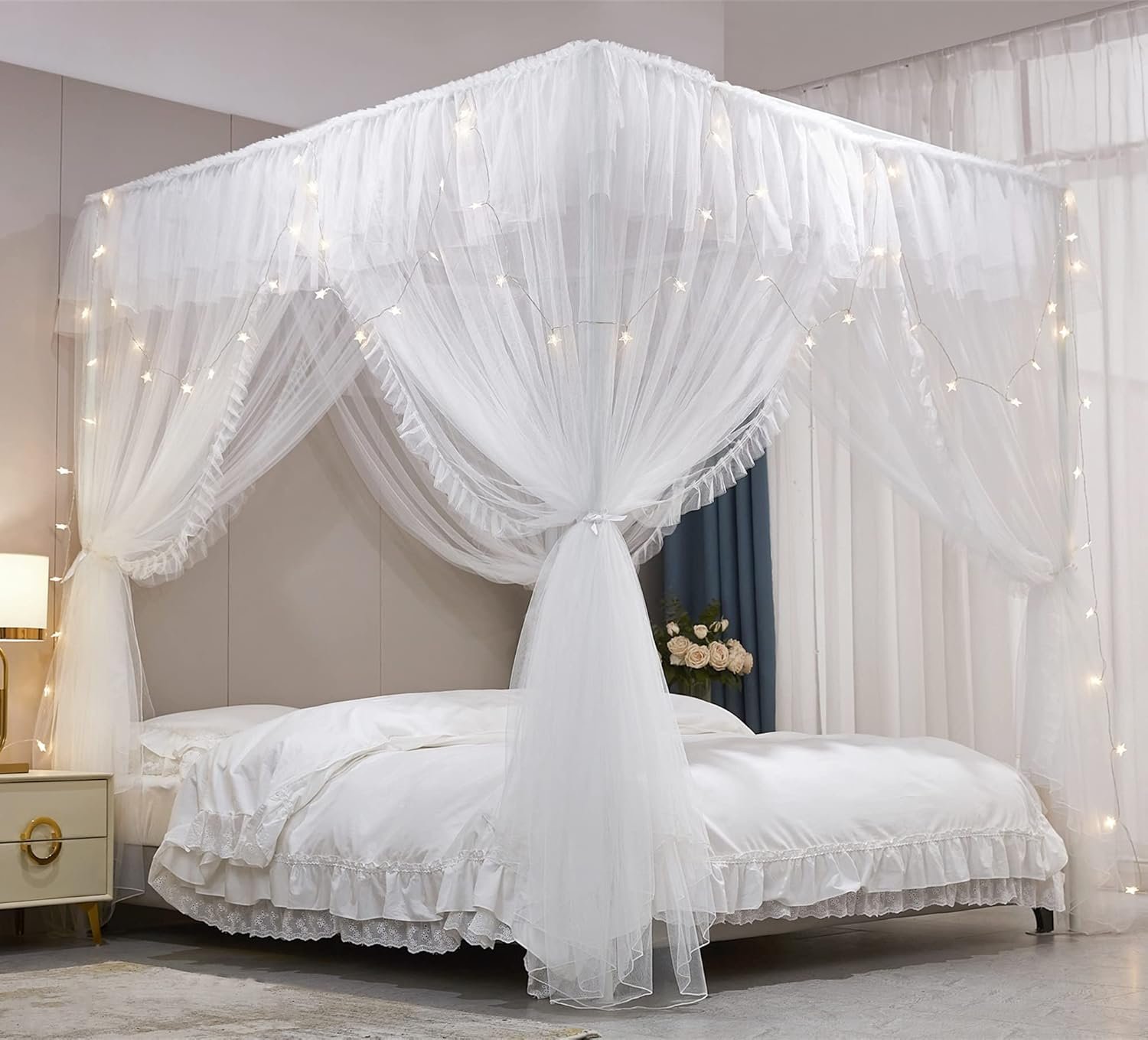 VETHIN 4 Corners Post Ruffle Princess Bed Canopy Curtain-Double Layer Cozy Drape Netting 4 Opening Mosquito Net for Girls Adults Bedroom Decoration (White/White, 53″ W*78″ L*82″*H/(Full))