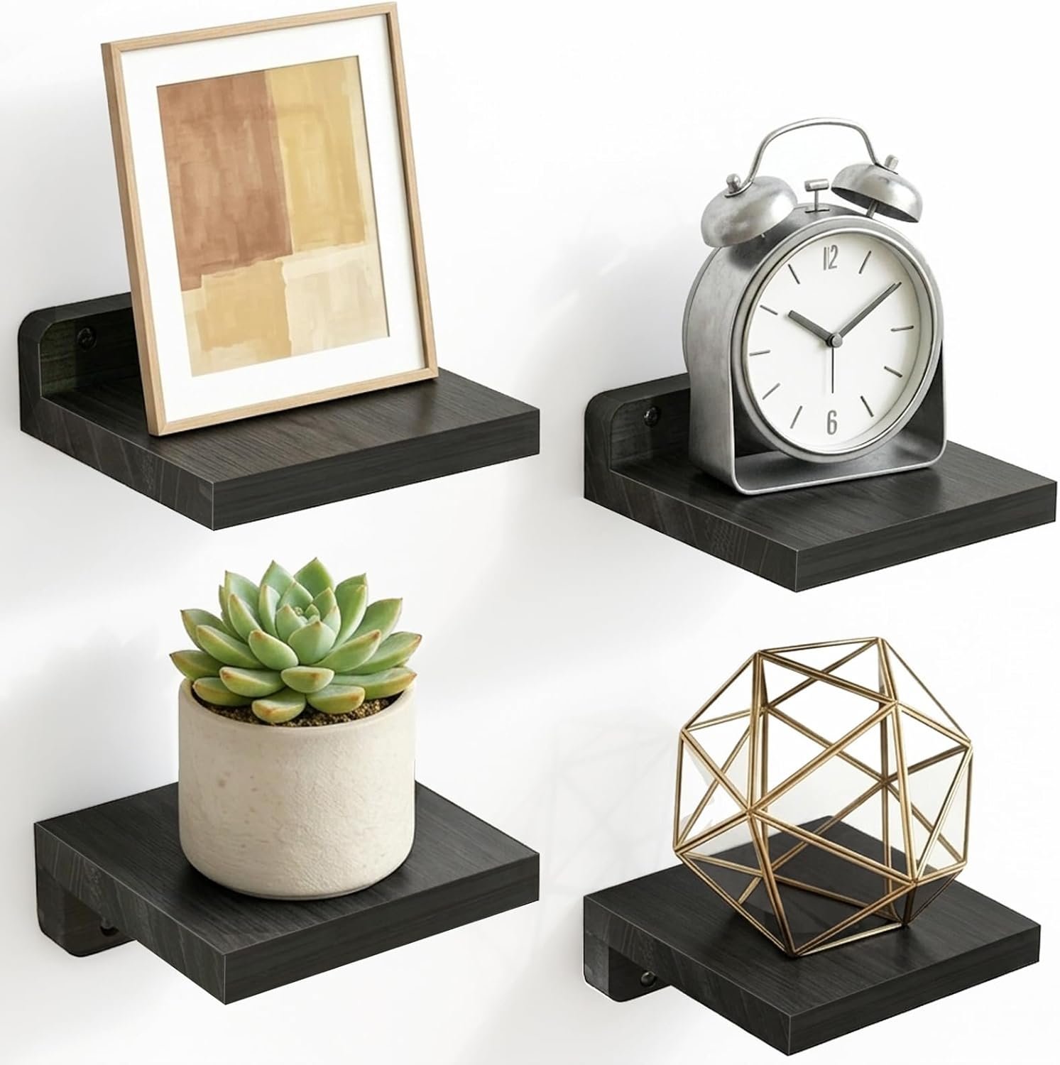 Fixwal Wall Shelves, 5×5 Inches Small Floating Shelf, Rustic Wood Wall Mounted Shelves for Bedroom, Living Room, Kitchen, Bathroom Decor (Set of 4, Black)
