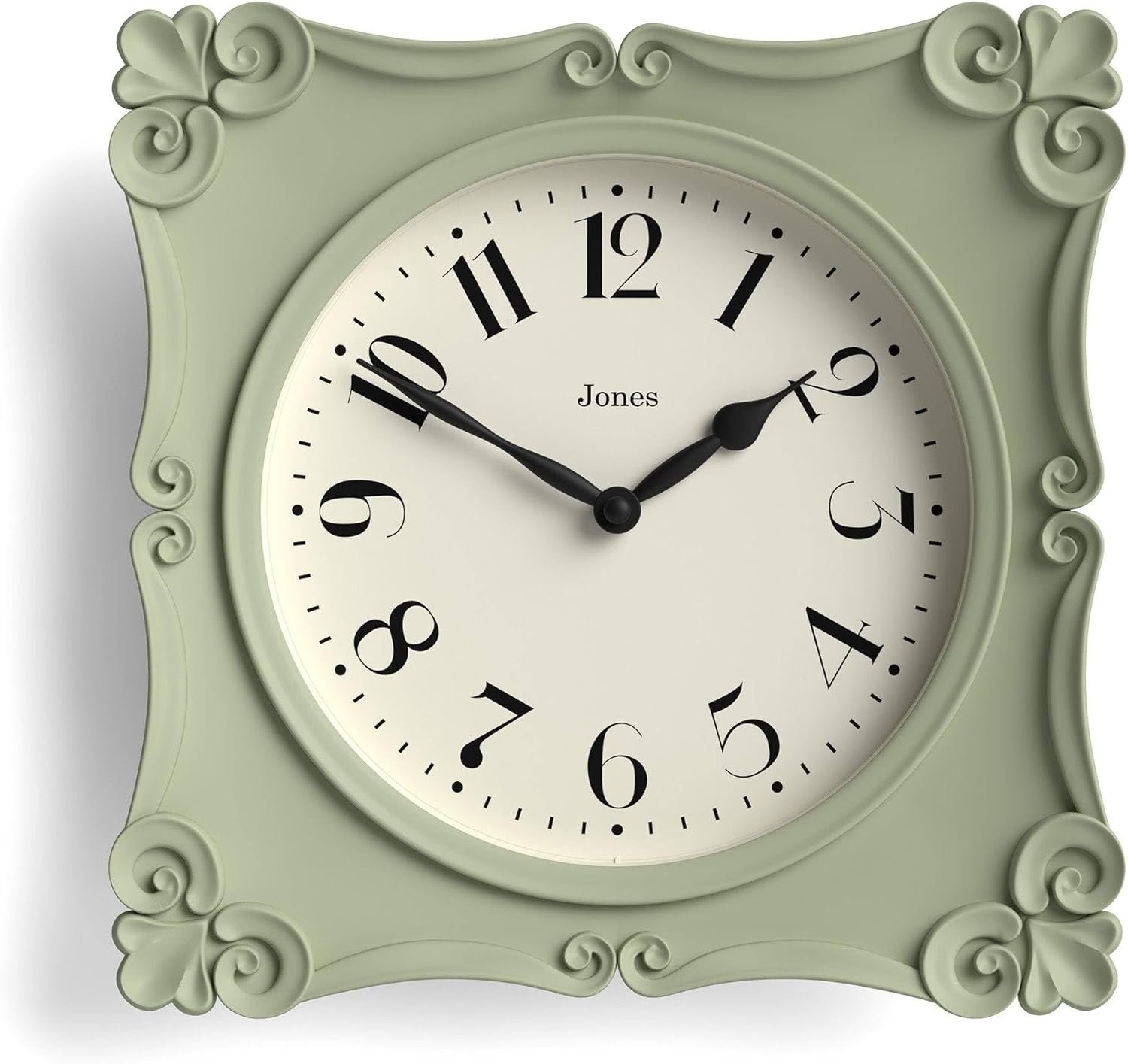 JONES CLOCKS® Rialto Wall Clock | Ornate Vintage Style Square Clock | 10 inch | Sage Green | Ideal for The Living Room or Bedroom