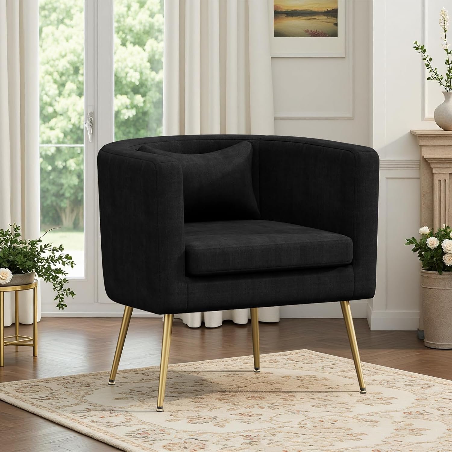 Velvet Modern Accent Chair, Upholstered Barrel Armchair Mid Century with Pillow for Living Room, Comfy Accent Chair with Metal Gold Legs for Bedroom, Office, Reception, Black
