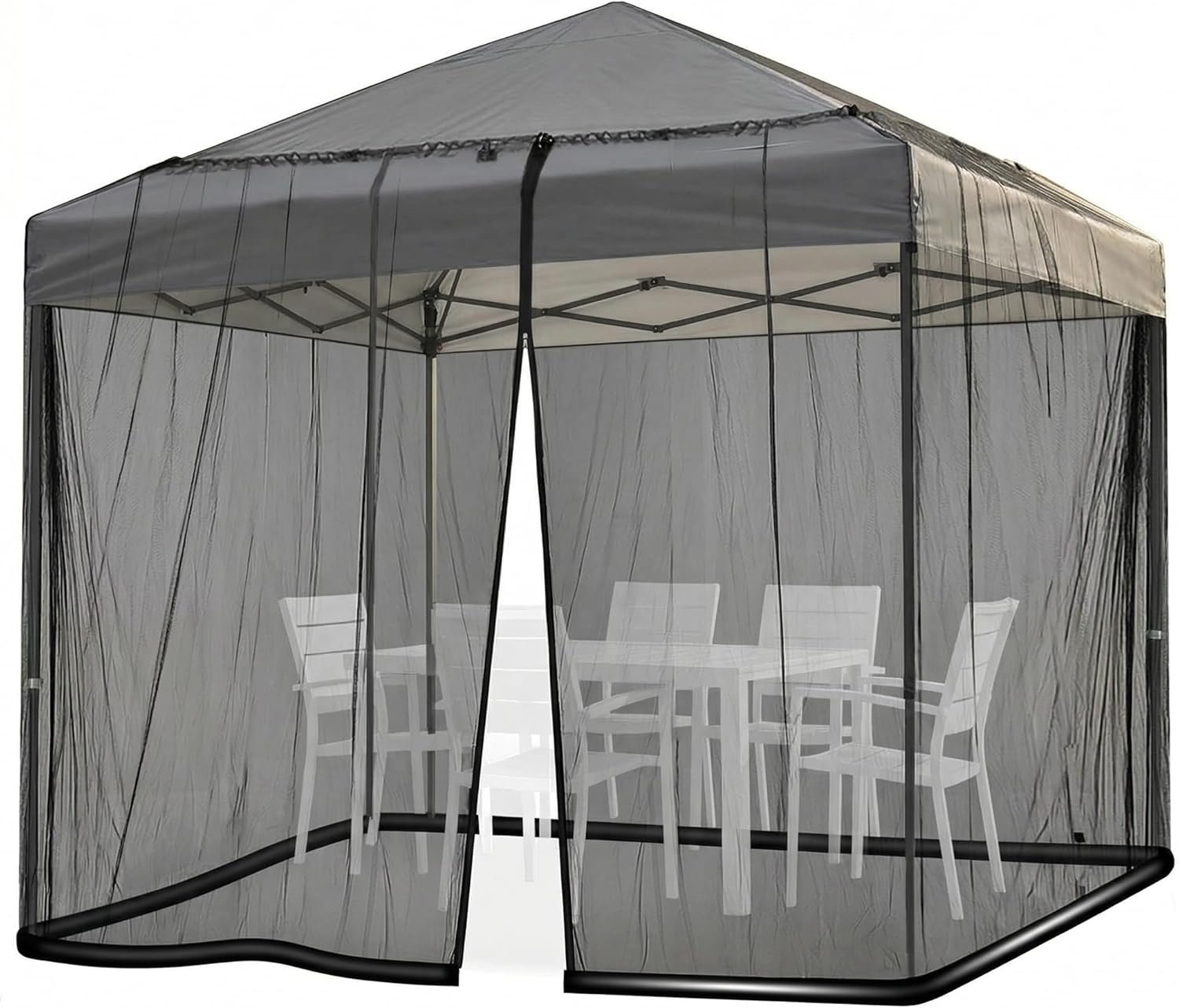 Mosquito Netting for Patio Umbrella 10×10 Ft Canopy Screen, Weather-Resistant 75D Polyester Mesh with TPU Water Pipe Base, Double Zipper Door for Backyard Dining, Black