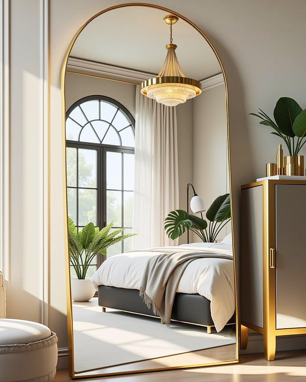 DMWOODFL 71″x26″ Arched Full-Length Mirror with Explosion-Proof HD Glass – Oversized Floor or Wall-Mounted Full Body Mirror for Bedroom, Living Room, and Cloakroom (Gold)