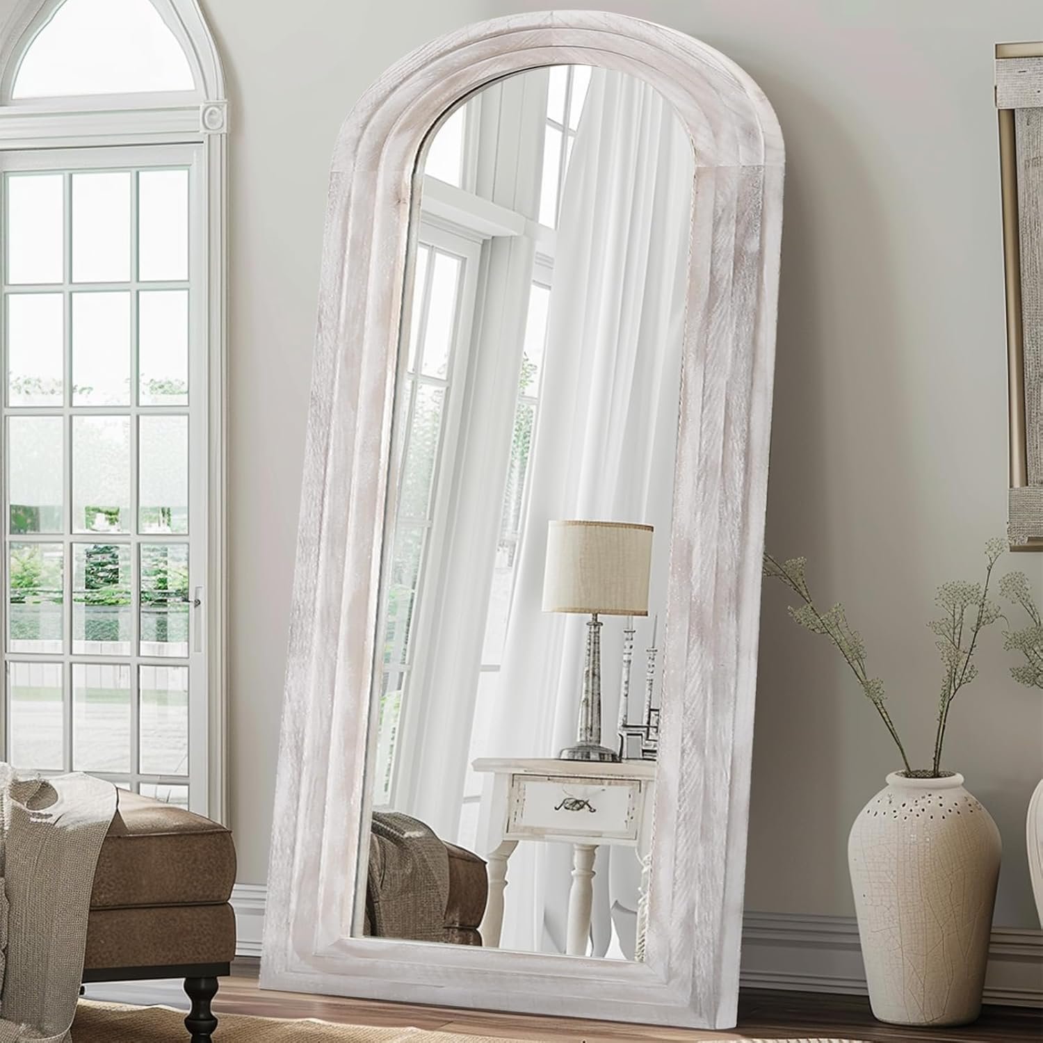 ZHUNFA Arched Full Length Mirror with Solid Wood Frame, 71×32 Farmhouse Wall Mirror Full Length with Stand, Vertical Hanging, Leaning Standing for Bedroom, Living Room, Rustic White