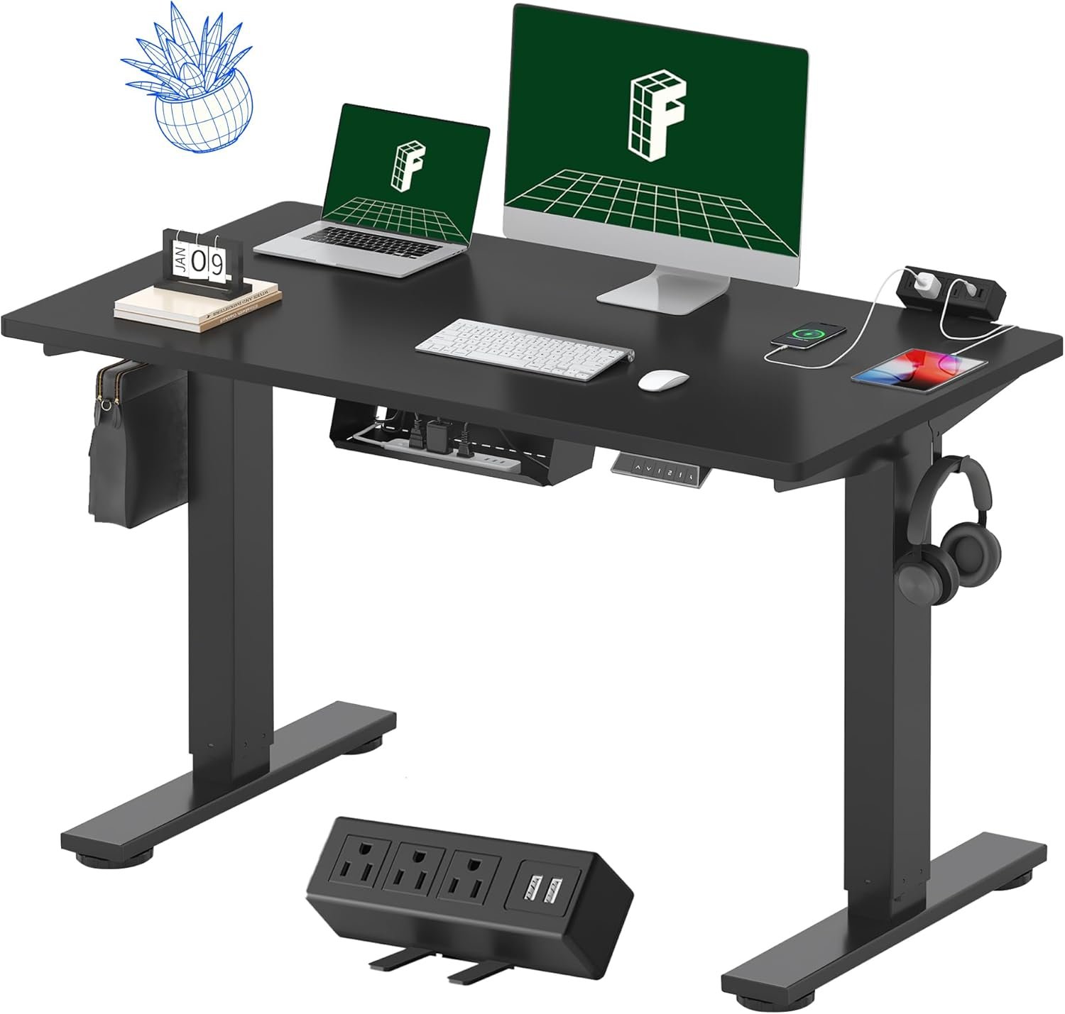 FLEXISPOT EN2 Whole-Piece Standing Desk with Clamp Power Strip, 48×24” Electric Stand Up Height Adjustable Desk with Cable Management (Black Frame + 48″ Black Table Top)
