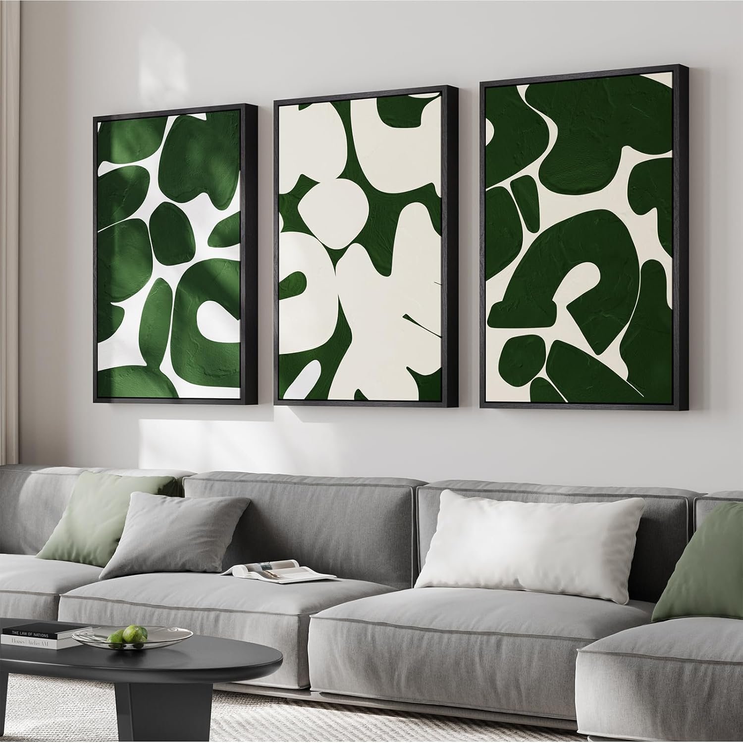 Large Framed Green and White Abstract Wall Art for Living Room, Set of 3 Minimalist Canvas Prints Paintings Artwork for Walls, Mid-Century Modern Pictures for Entryway, Hallway Wall Decor 24×36 In
