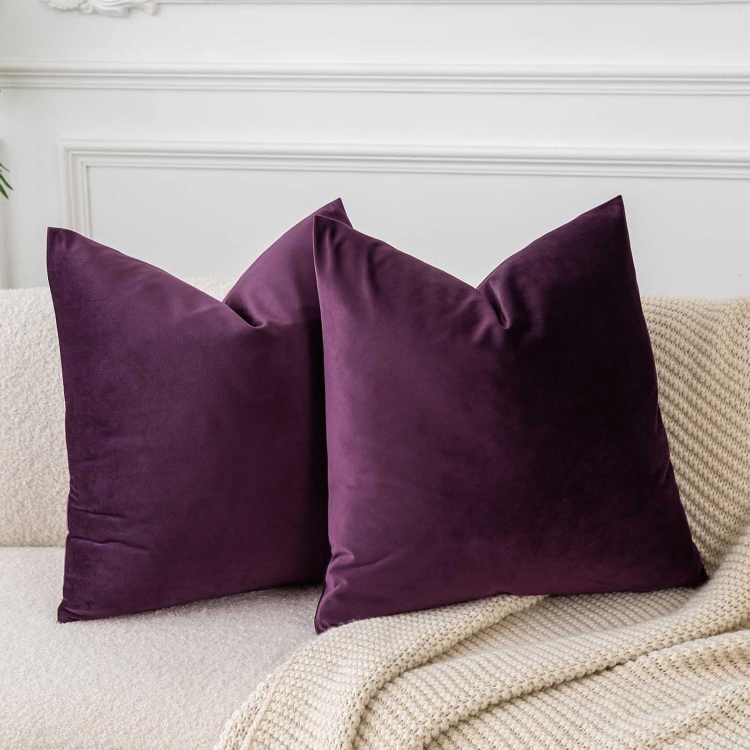 JUSPURBET Velvet Pillow Covers Set of 2 Decorative Throw Pillow Covers for Couch Sofa Bed Soft Cushion Covers Cases with Hidden Zipper for Living Room Home Decor 18×18 inch,Eggplant Purple